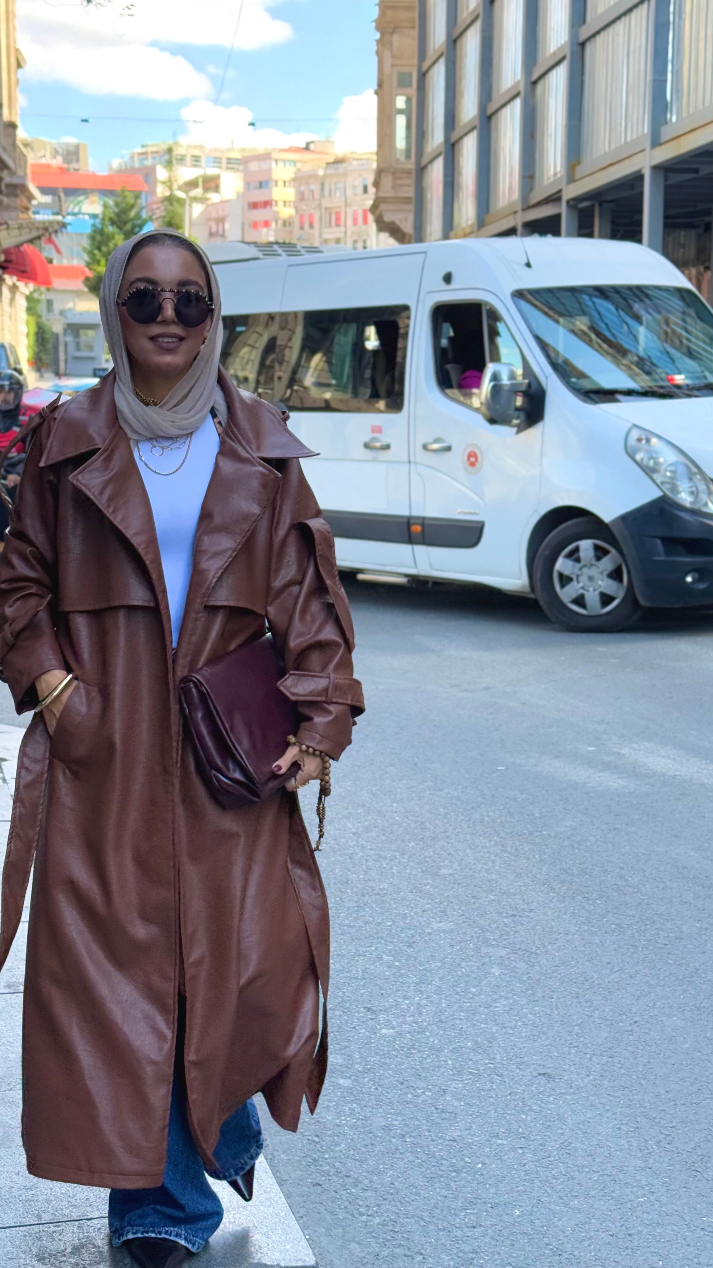 Brown Faux leather  trench coat