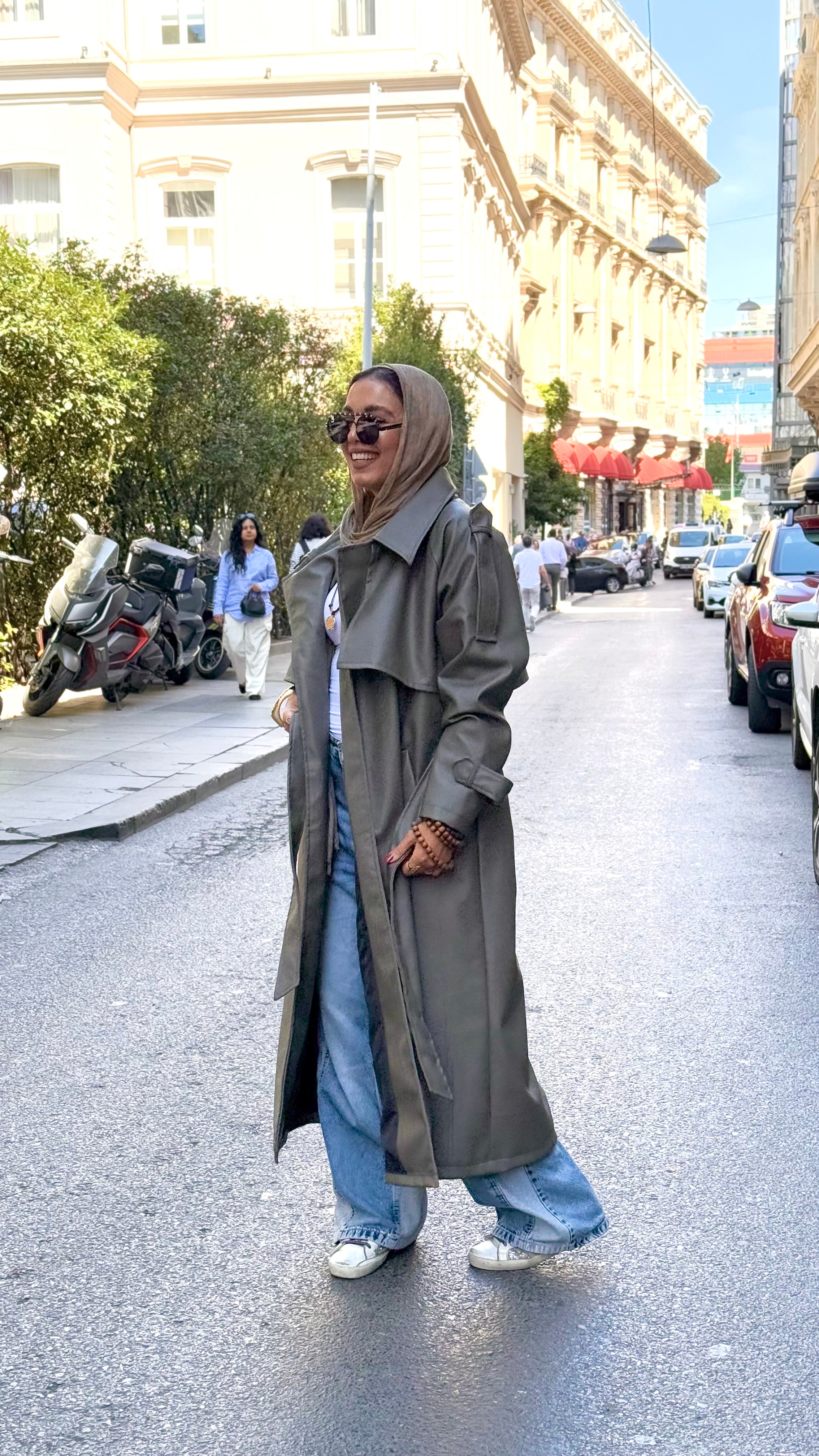 Khaki faux leather trench coat