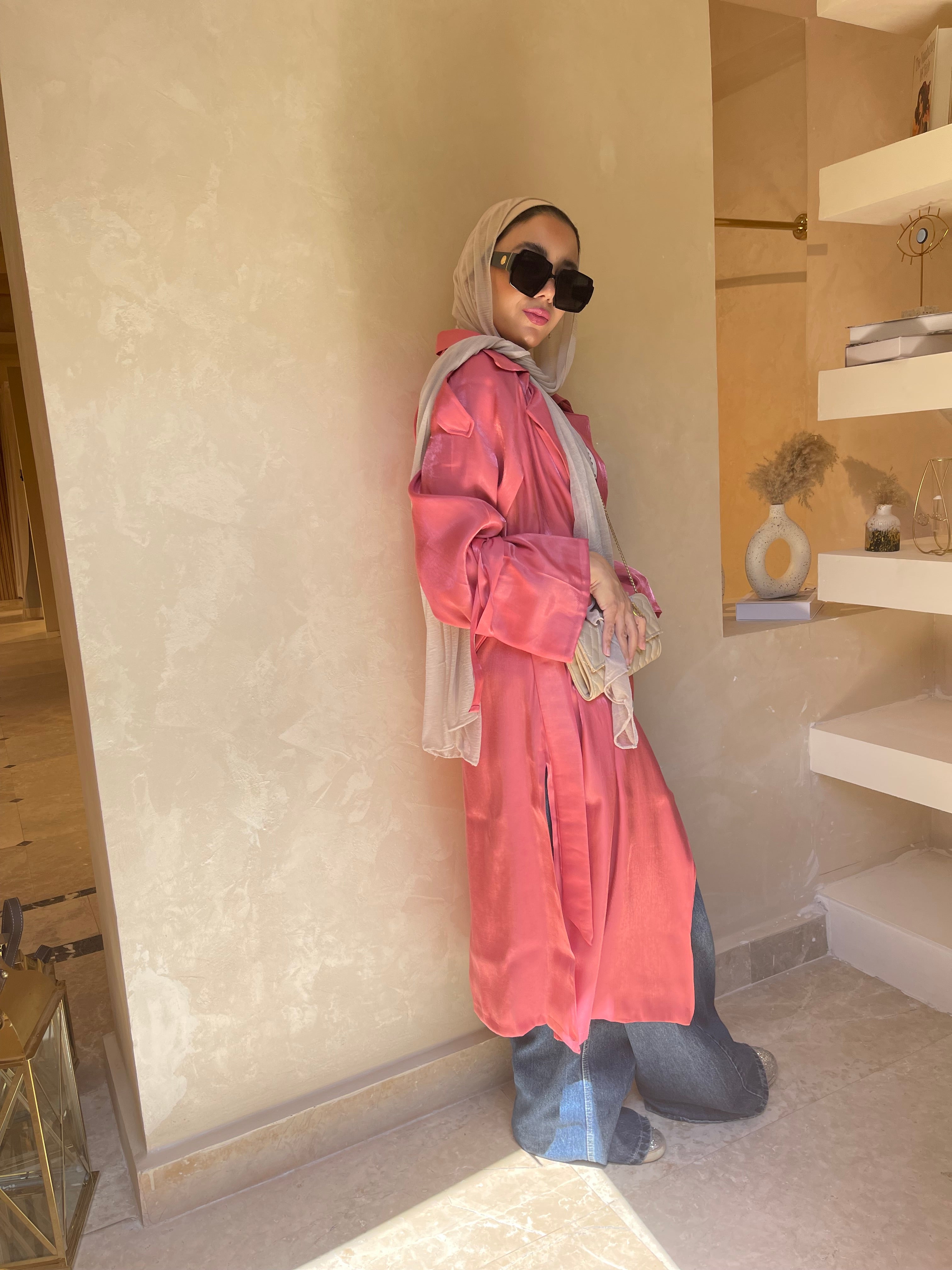 Melon  shimmery satin trench