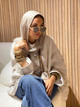 White pure linen  stitched poncho