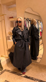 Black faux leather trench coat