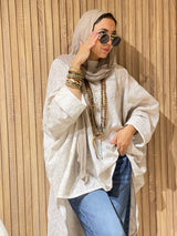 White pure linen  stitched poncho