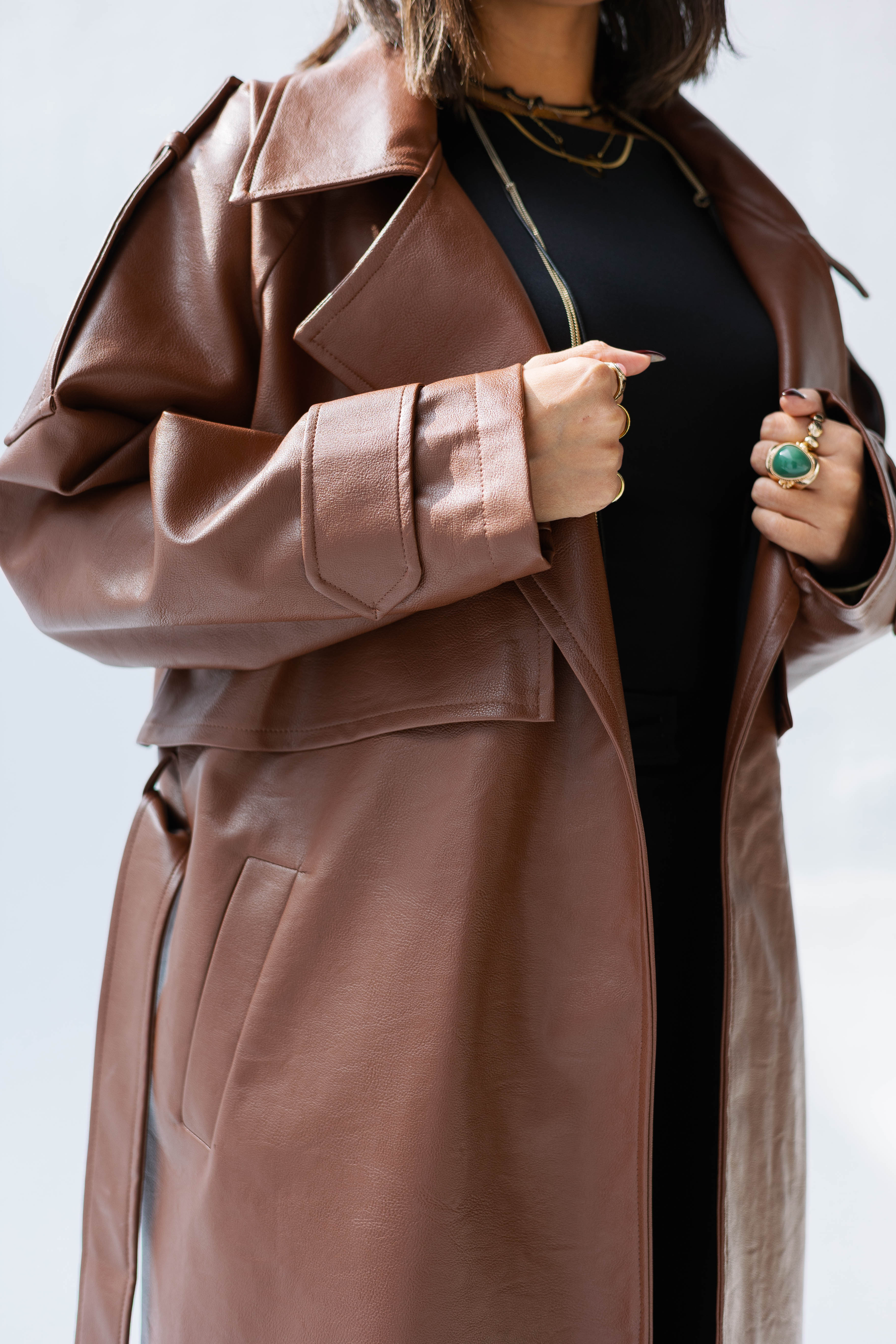 Brown Faux leather  trench coat