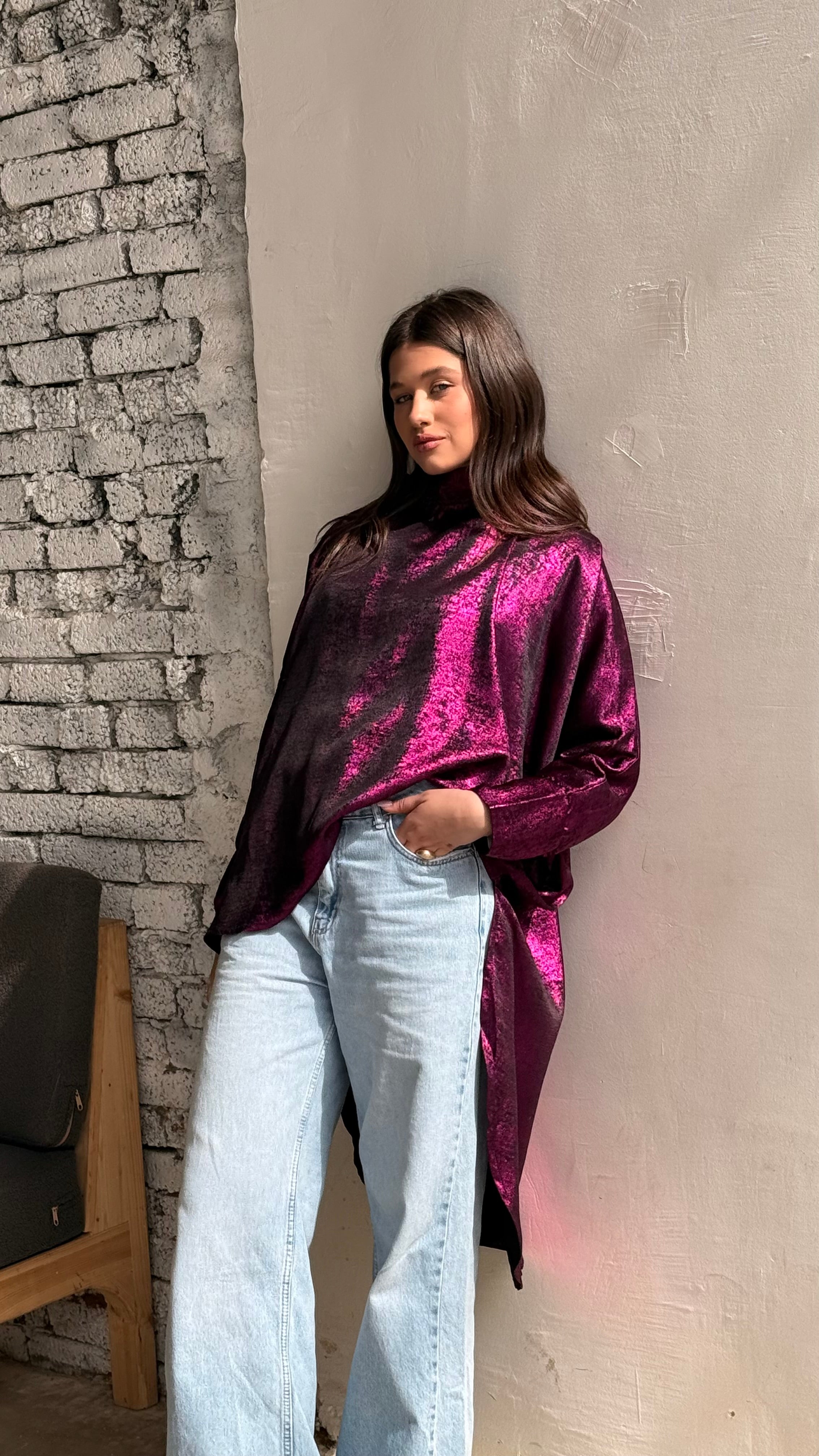 Fuchsia shimmery high low poncho