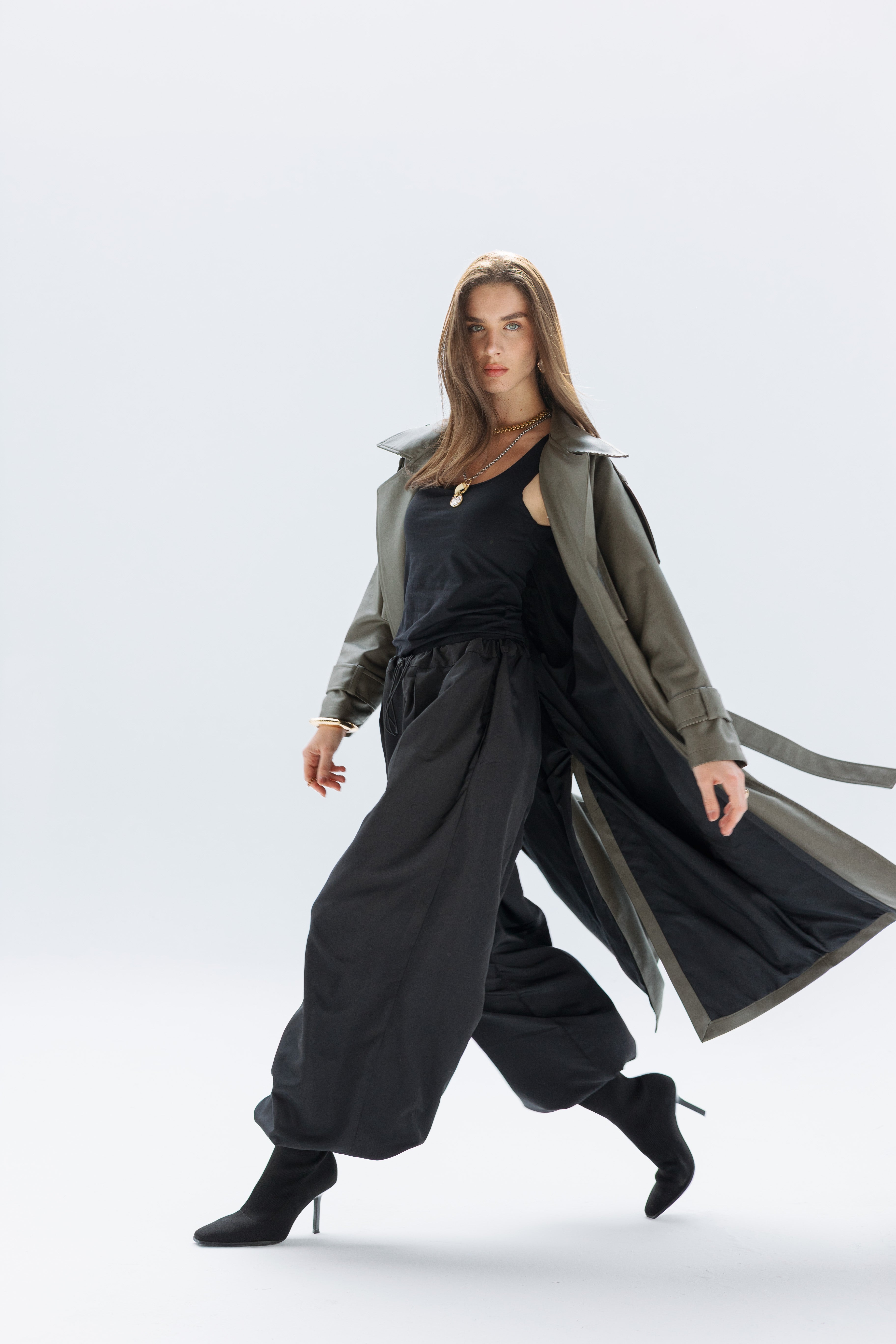 Khaki faux leather trench coat