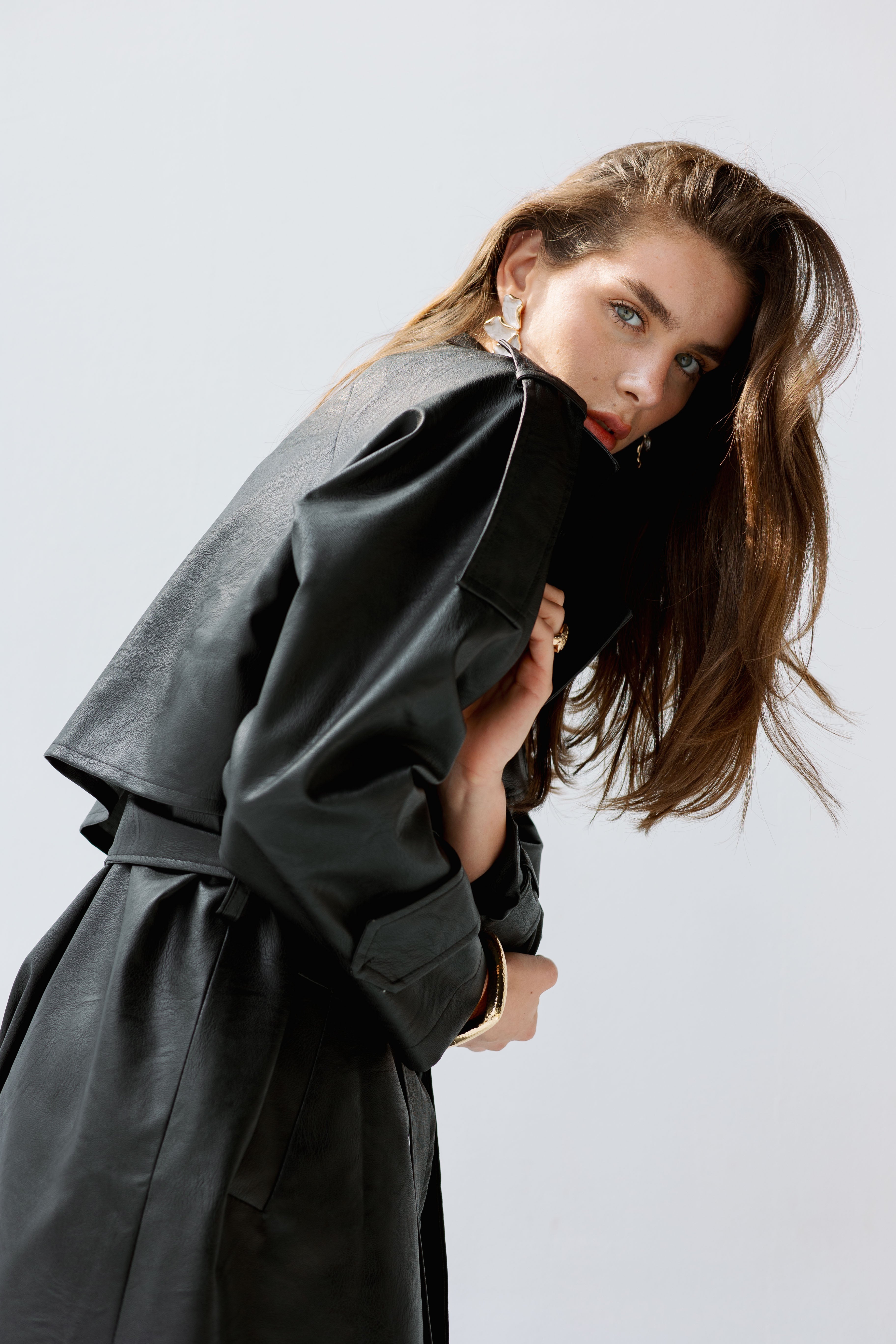 Black faux leather trench coat