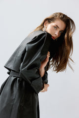 Black faux leather trench coat