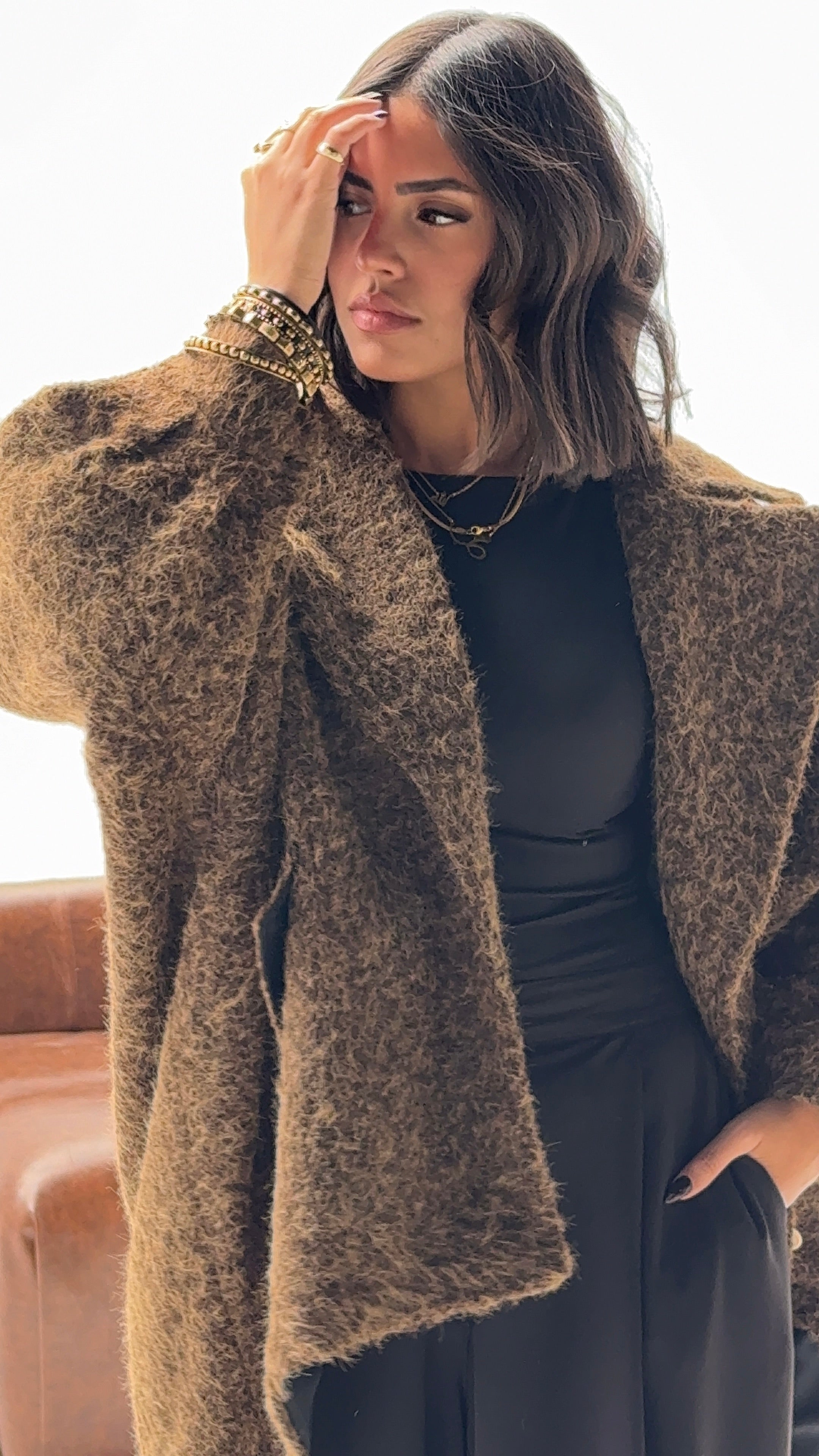 Oversized mohair brown high low jacket