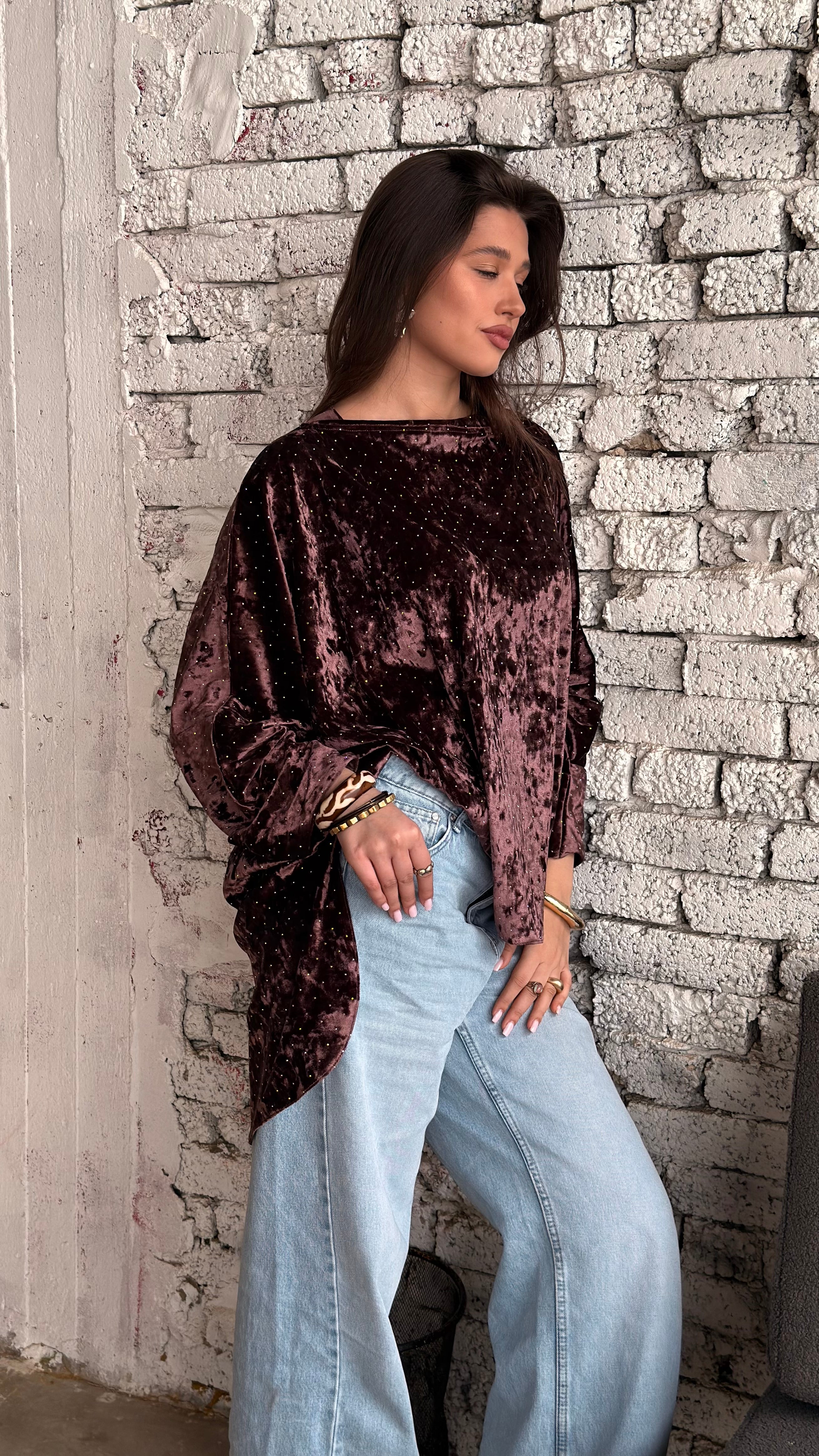 GHALIA chocolate brown strass velvet poncho