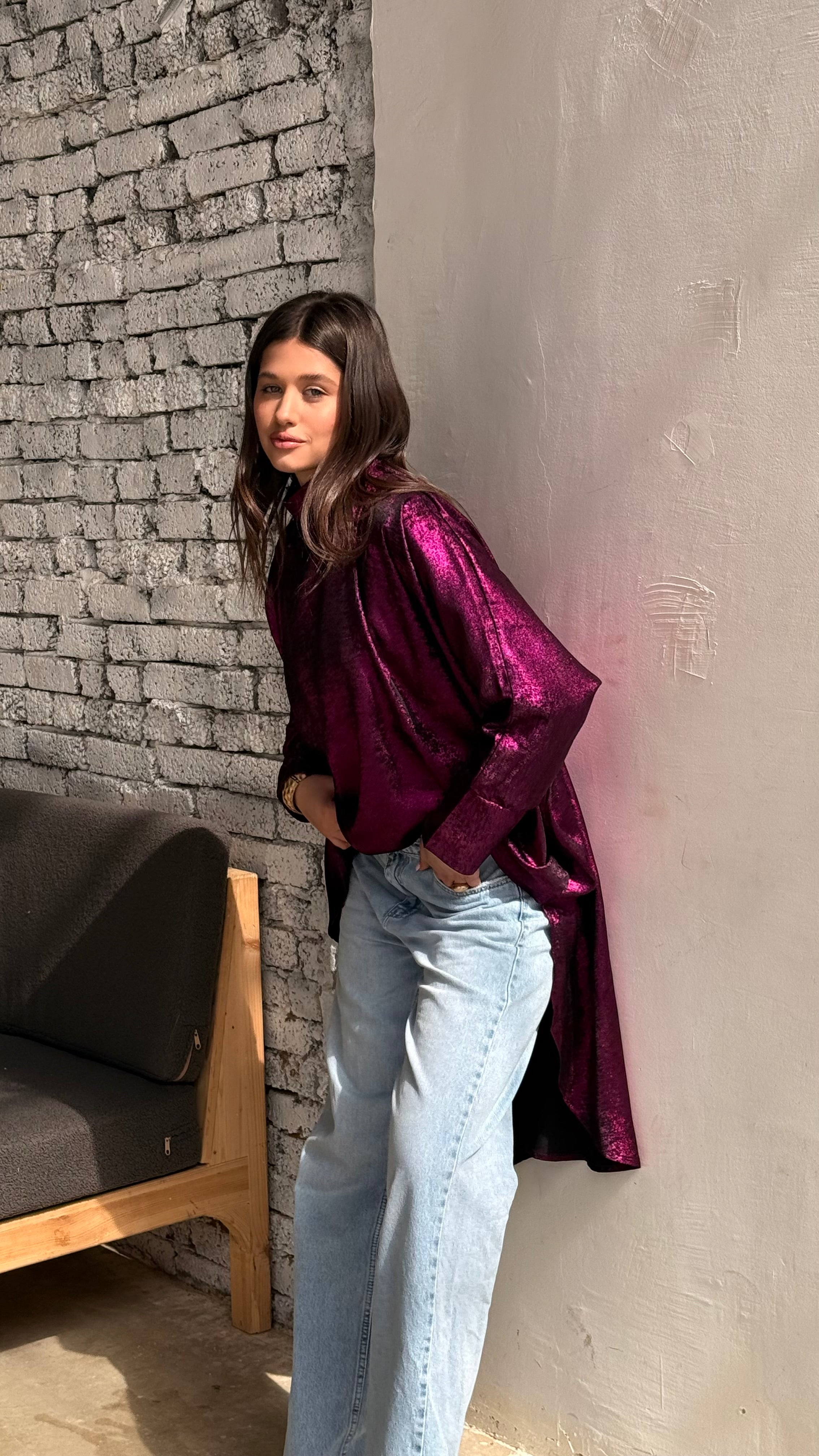 Fuchsia shimmery high low poncho