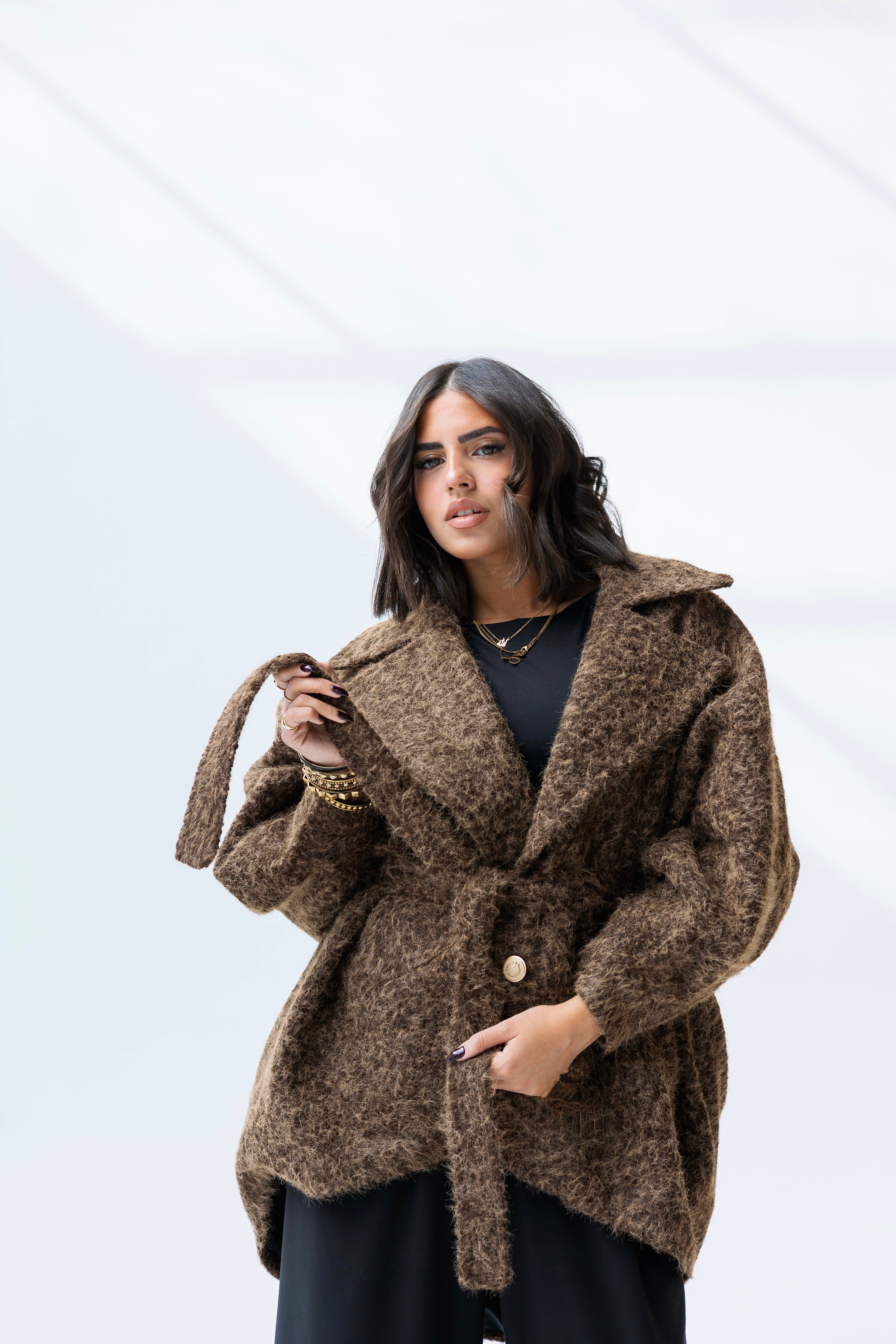 Oversized mohair brown high low jacket