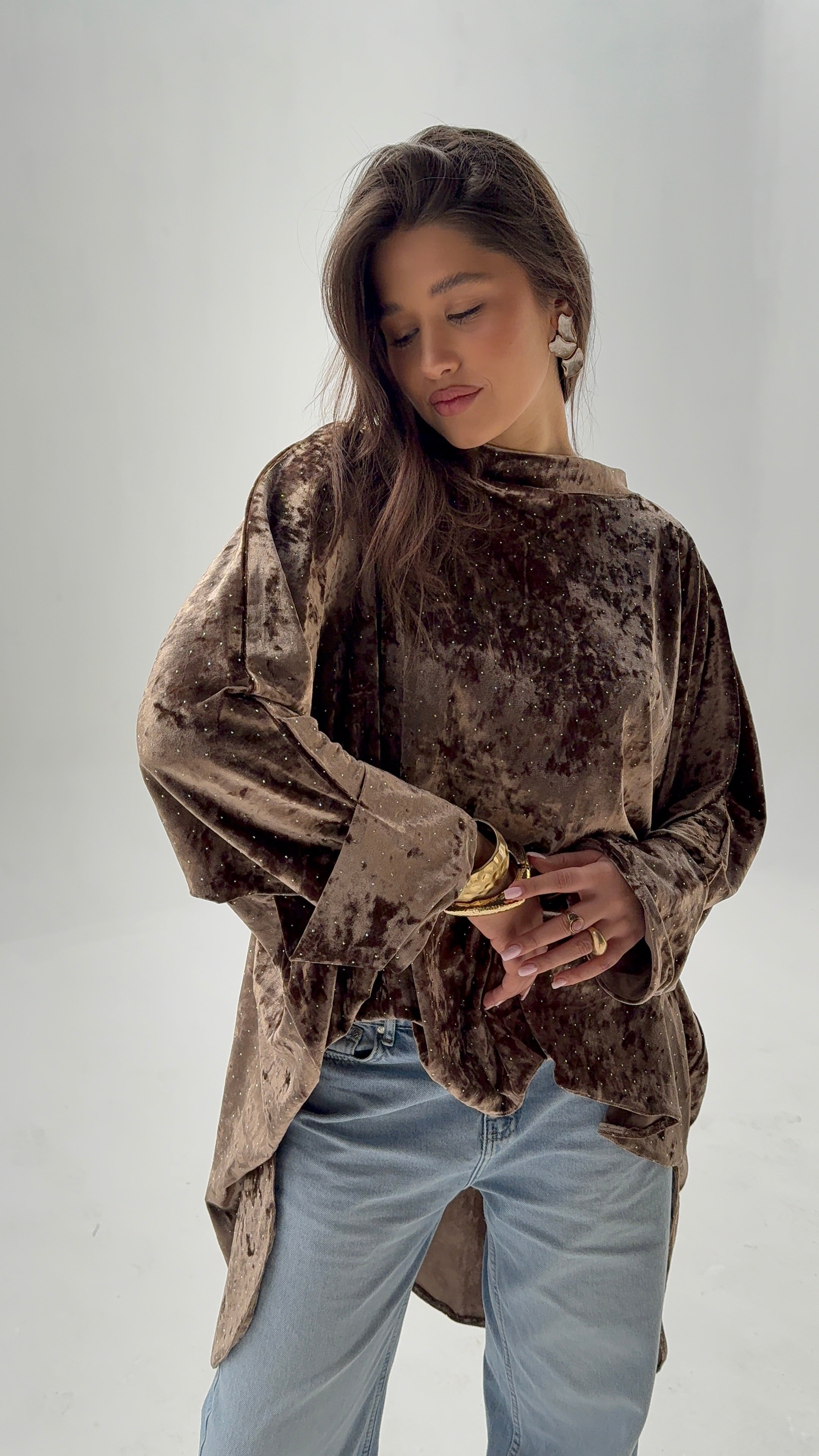 GHALIA dark cafe strass velvet poncho