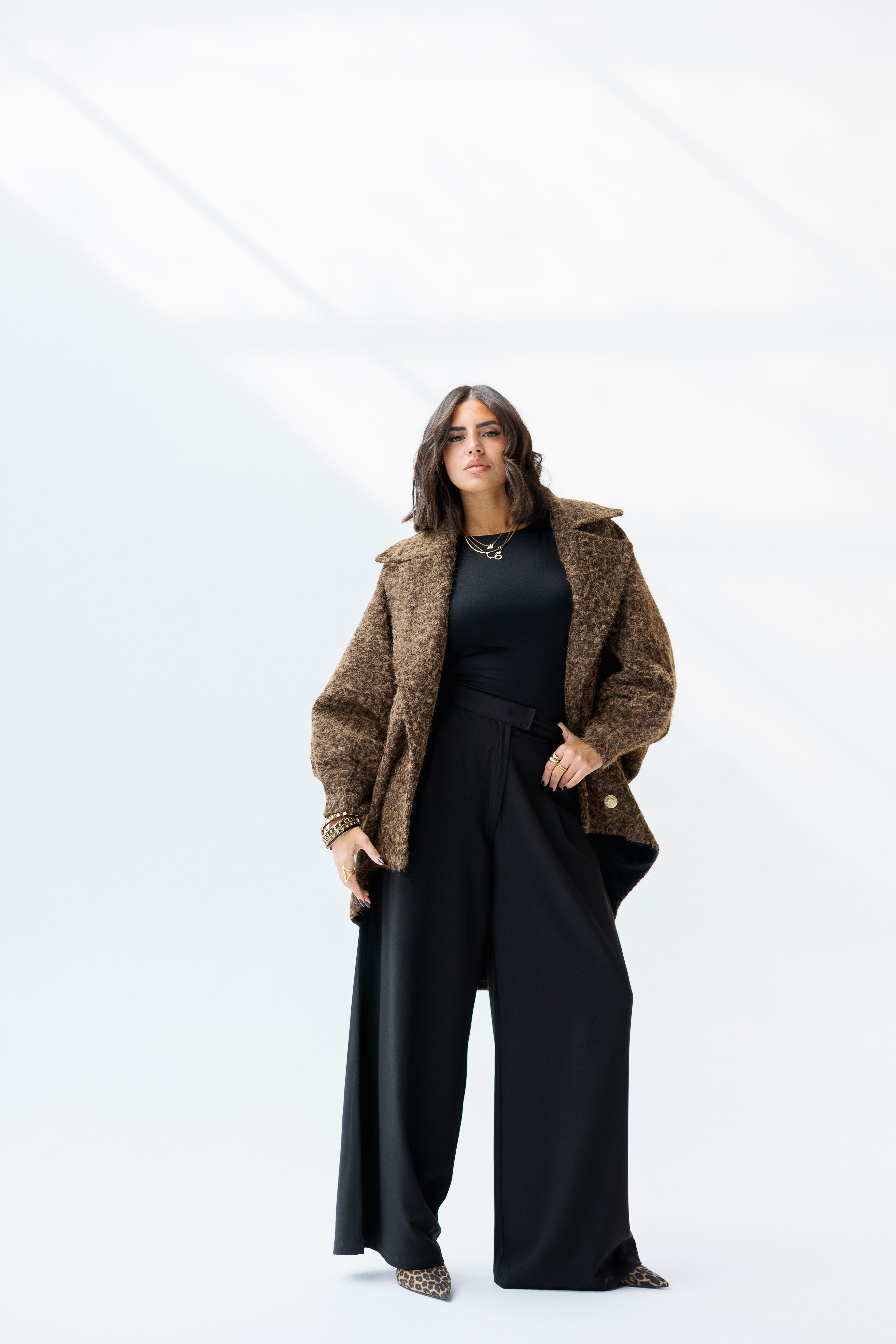 Oversized mohair brown high low jacket