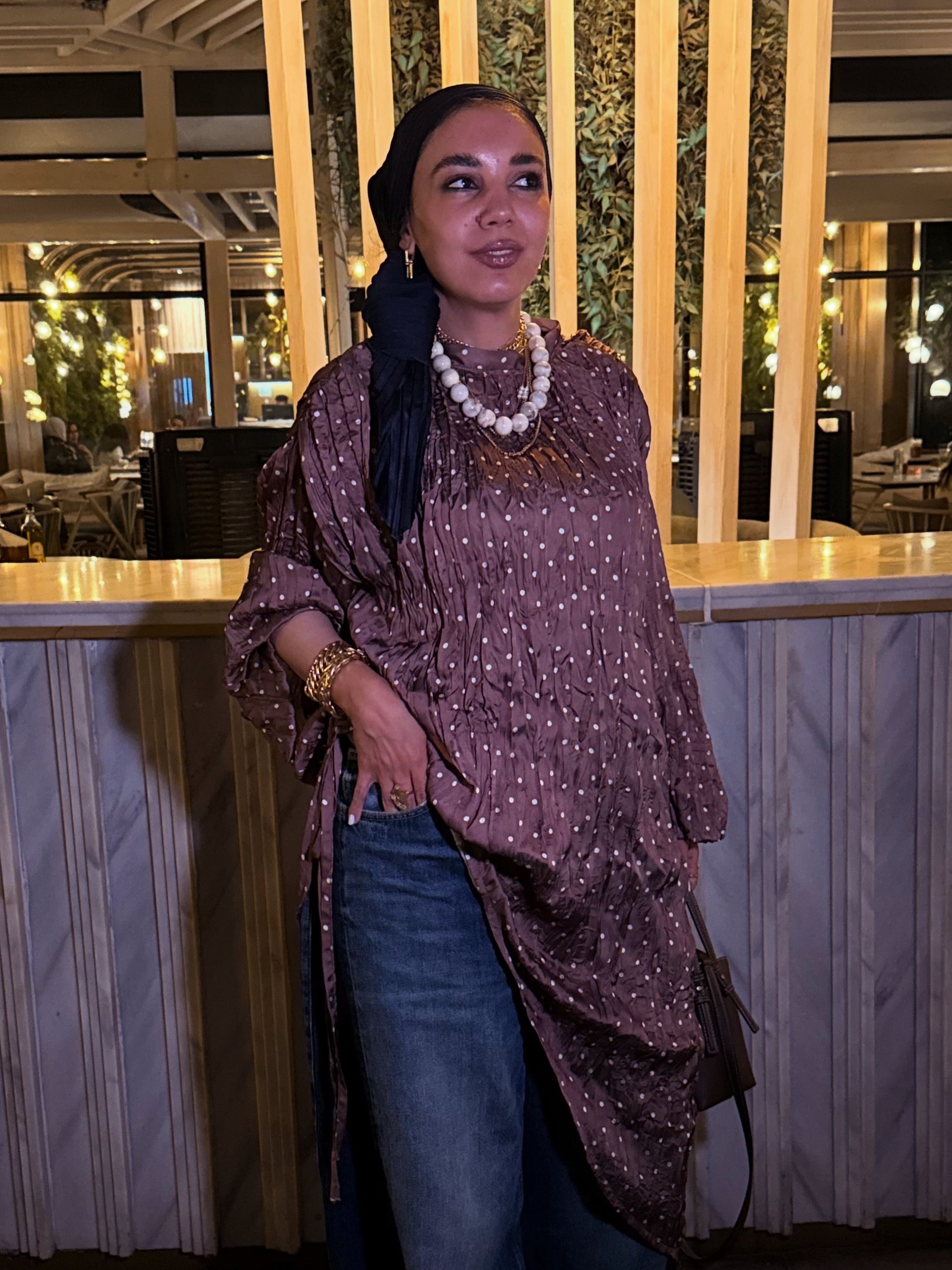 Asymmetrical  polka dot crushed satin top- brown