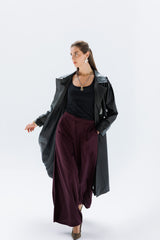 Black faux leather trench coat