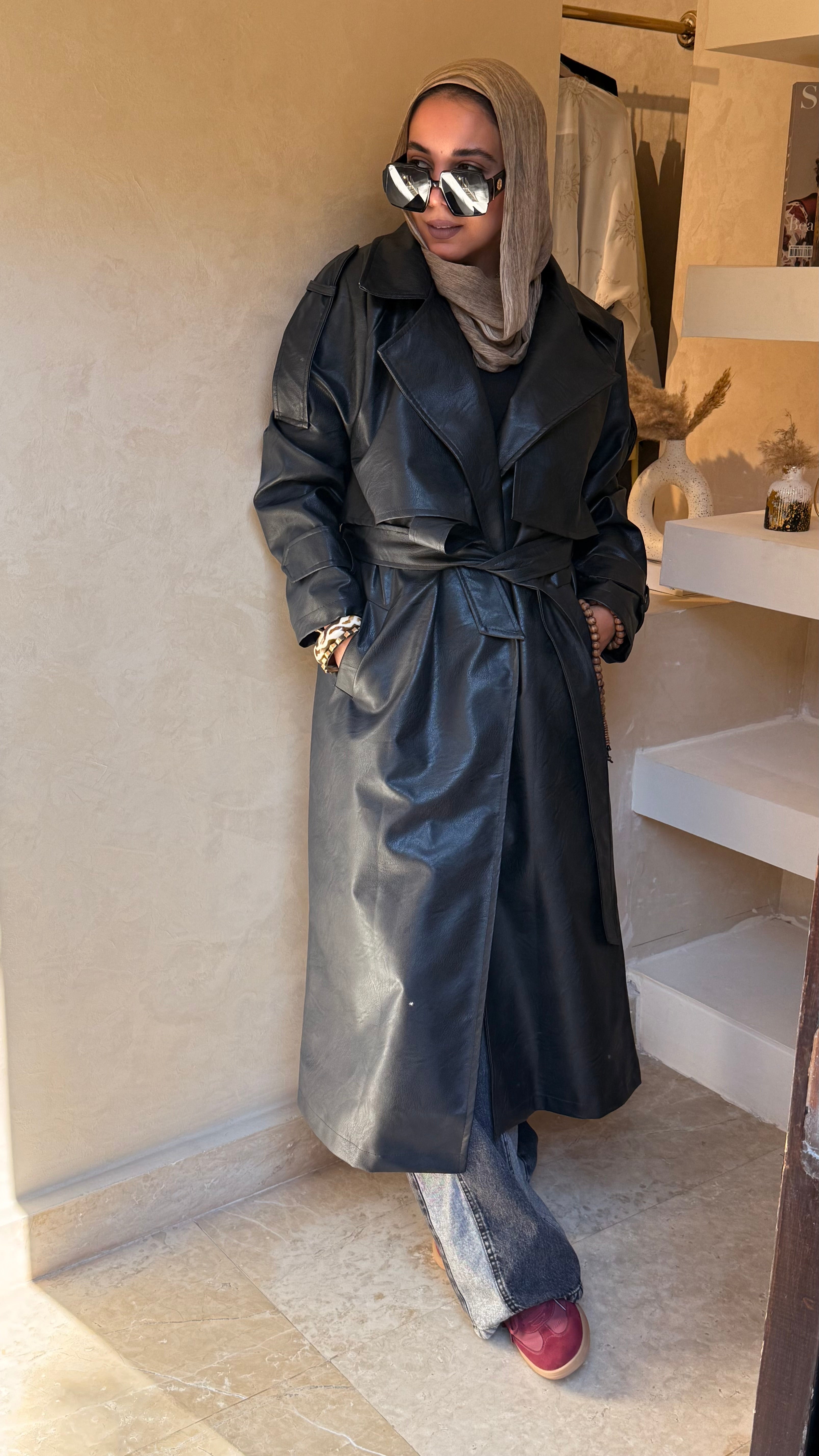 Black faux leather trench coat