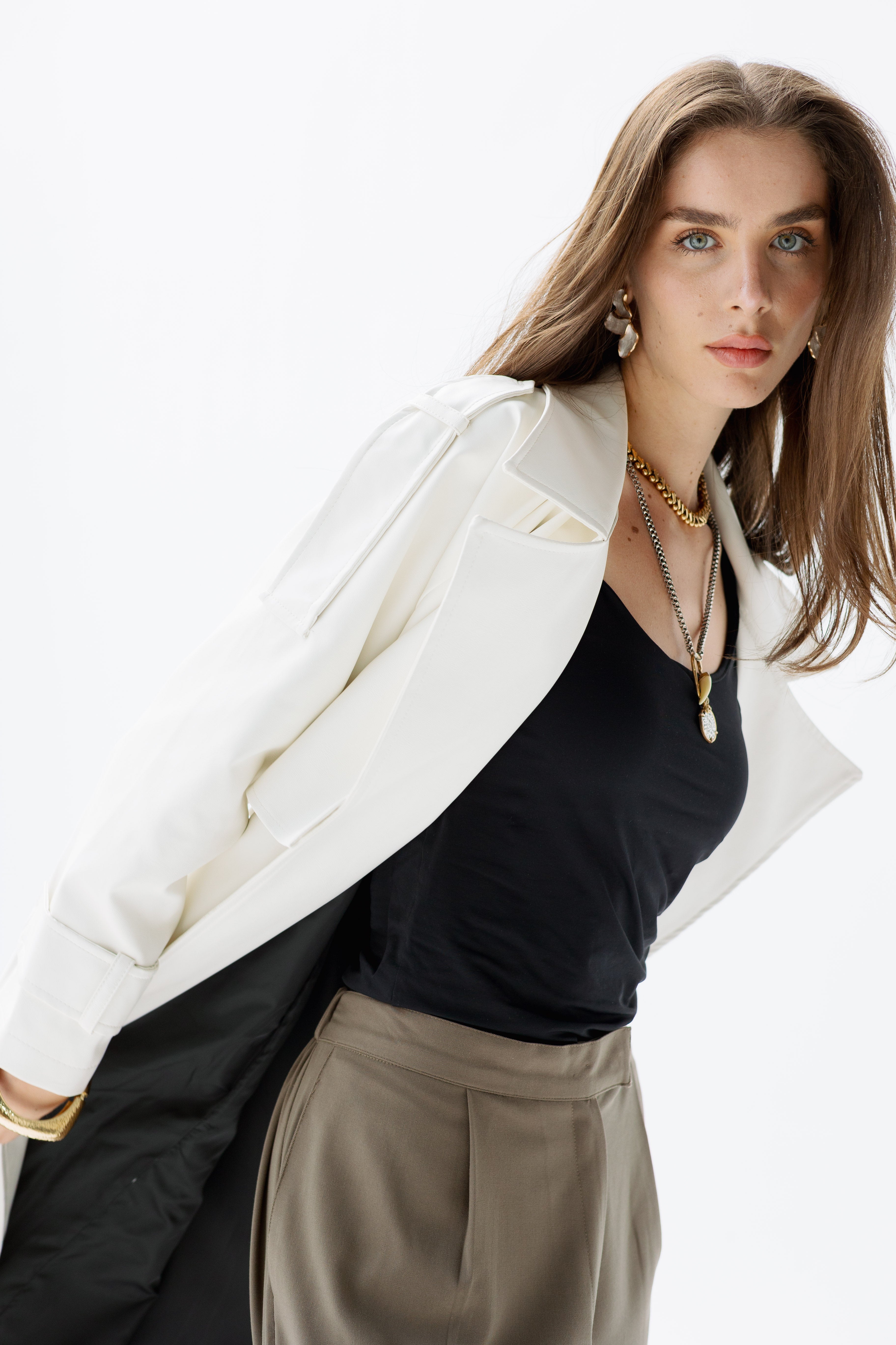 Off white Faux Leather Trench Coat