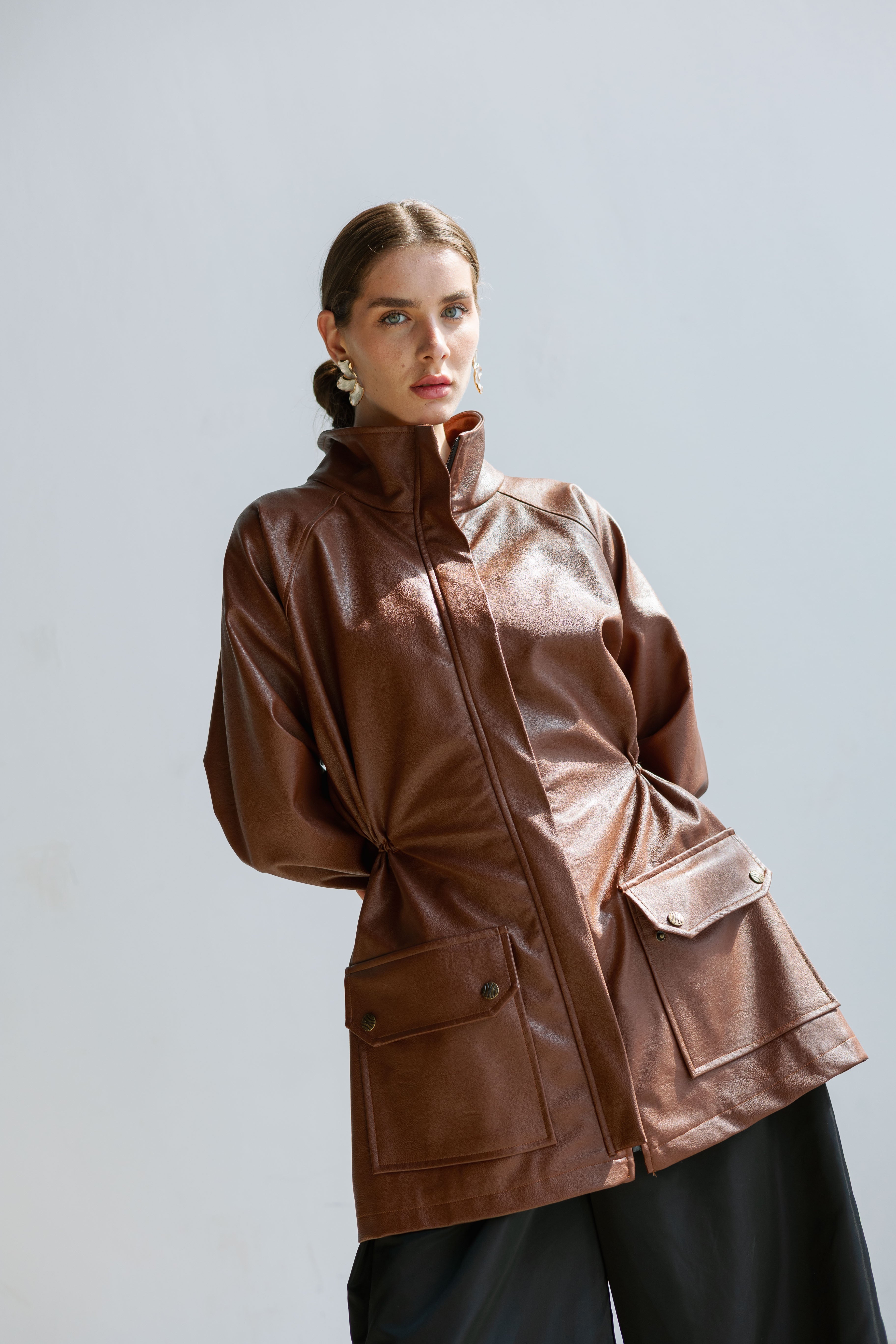 Brown leather safari jacket