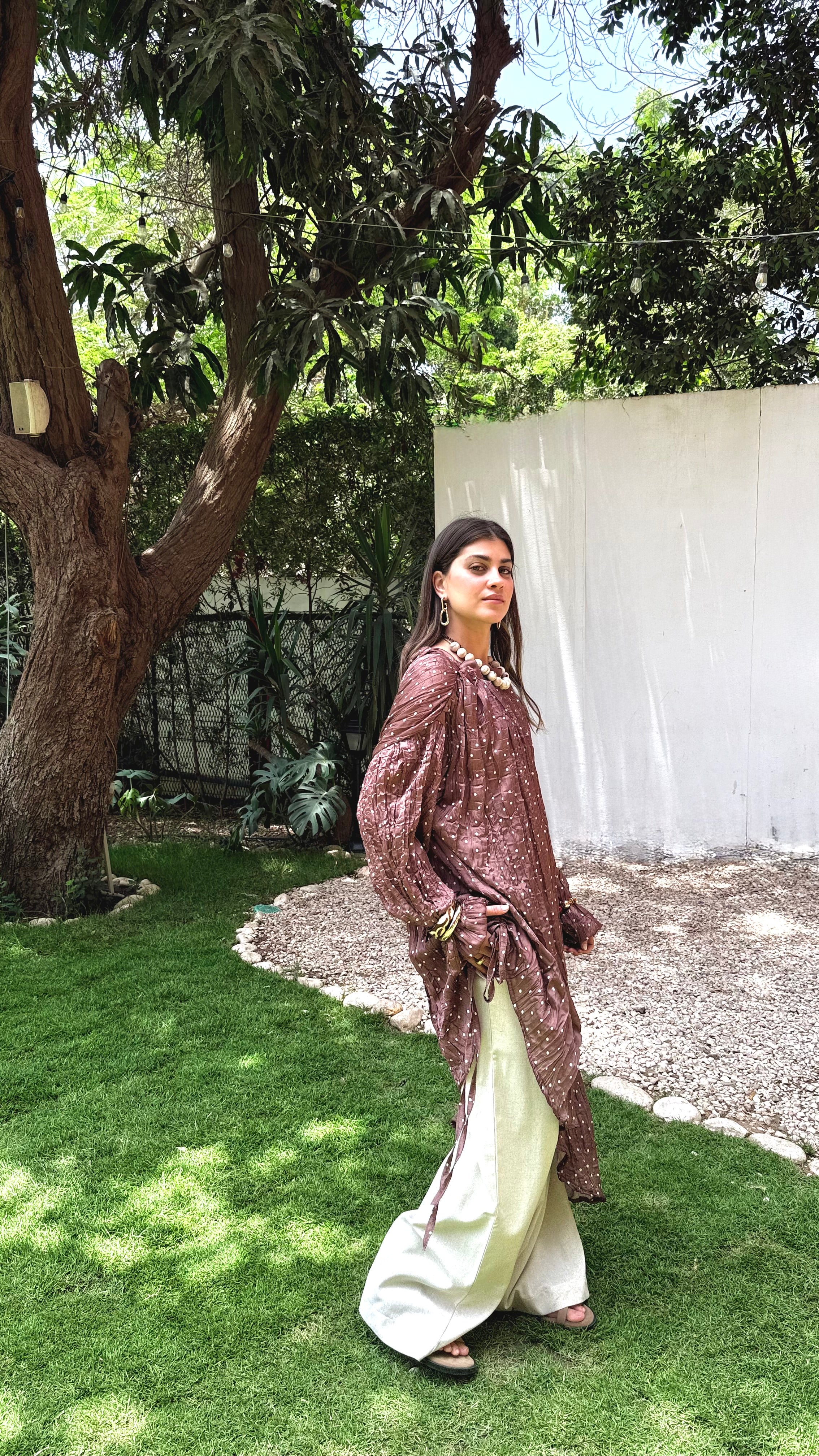 Asymmetrical crushed satin top- brown