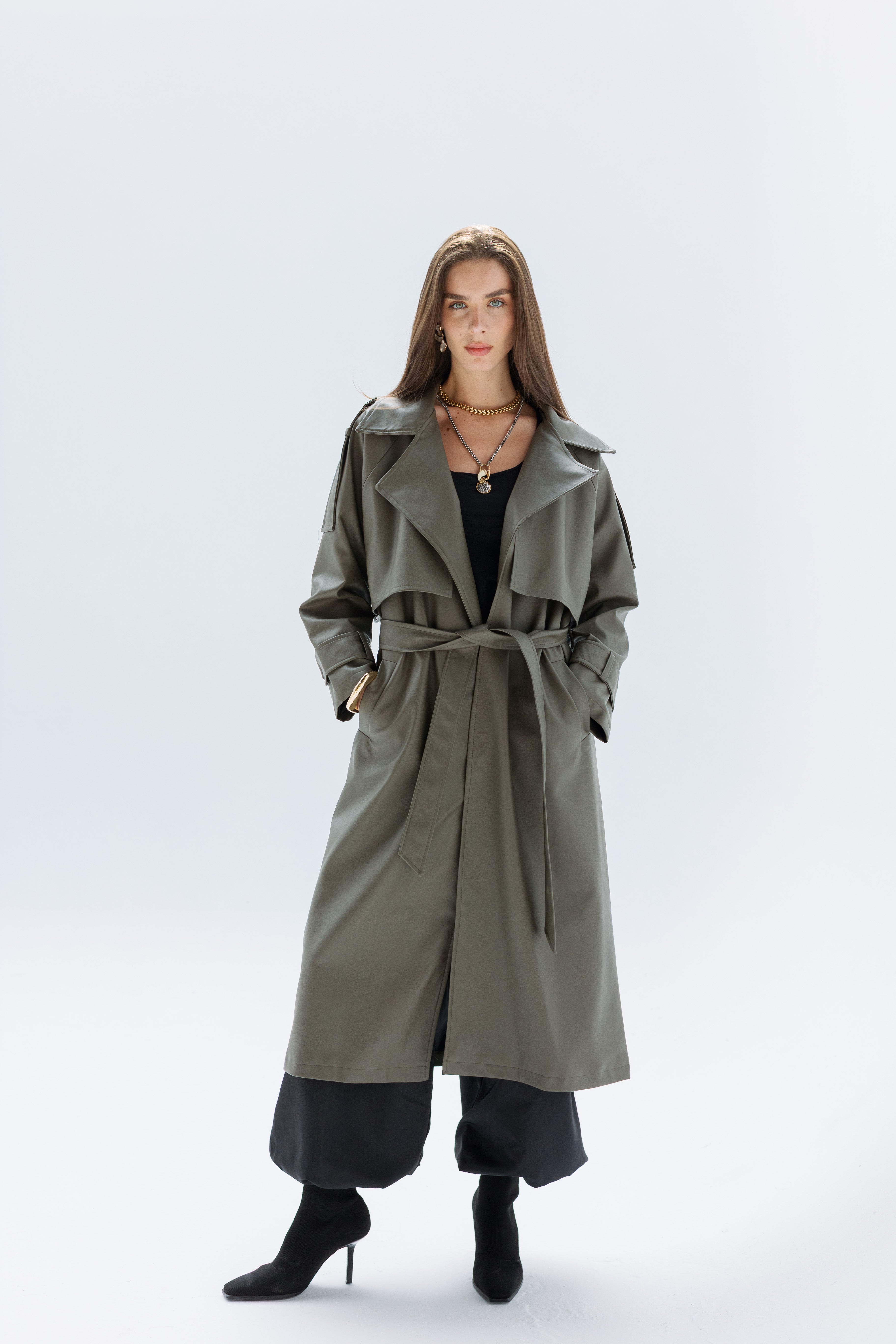 Khaki faux leather trench coat