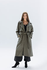 Khaki faux leather trench coat