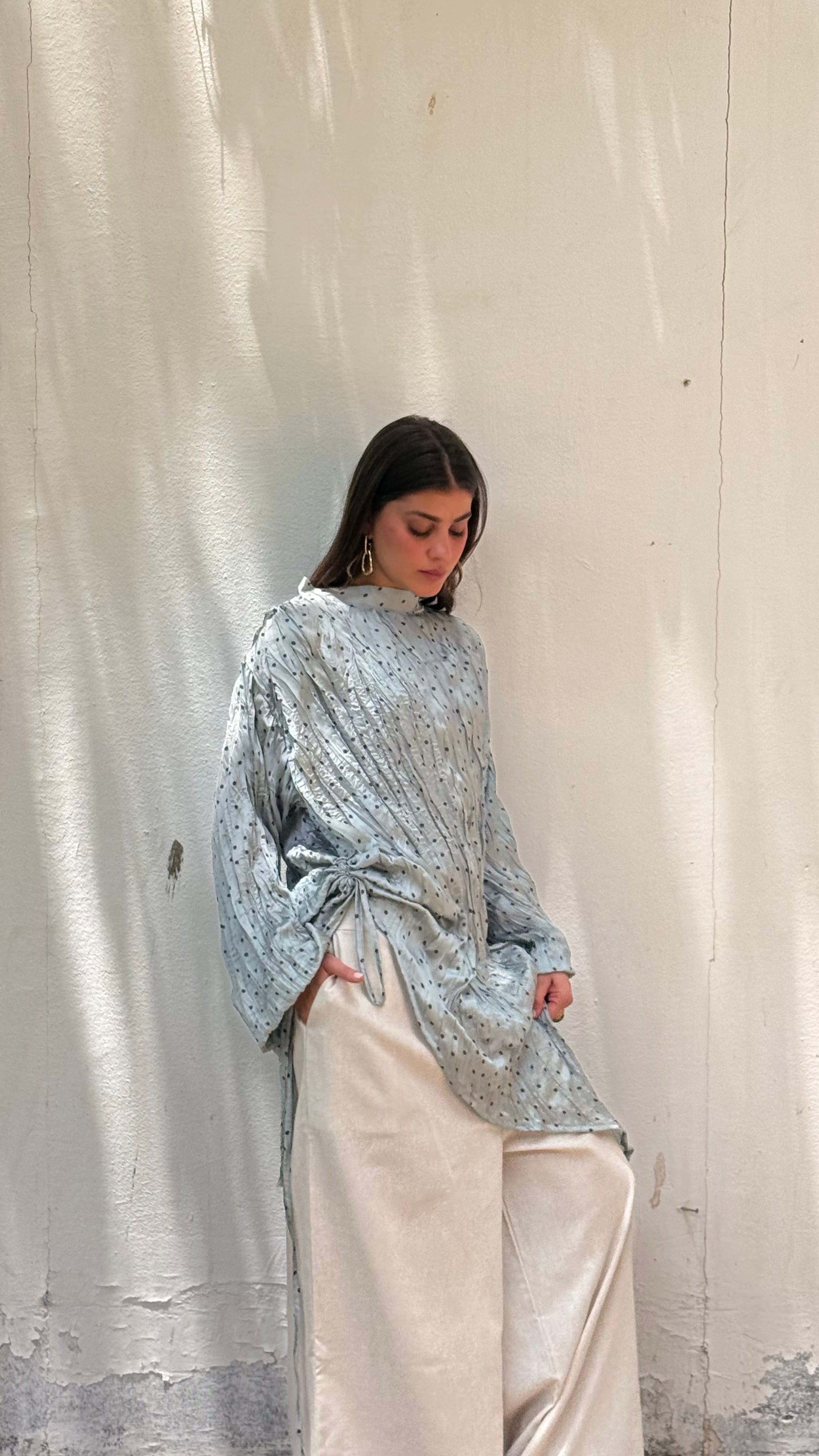 Asymmetrical crushed satin top- Mint green