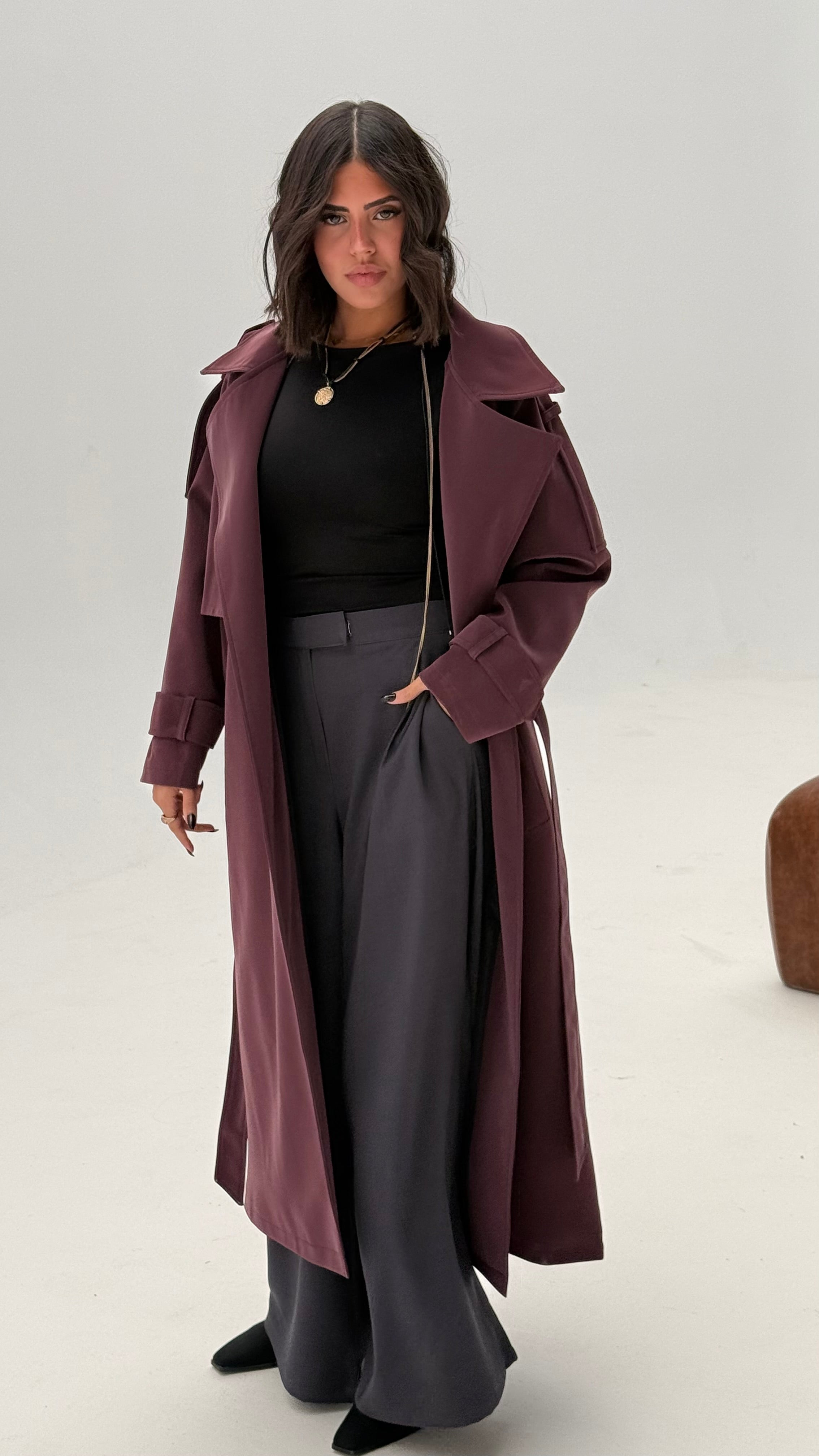 Burgundy faux leather trench coat