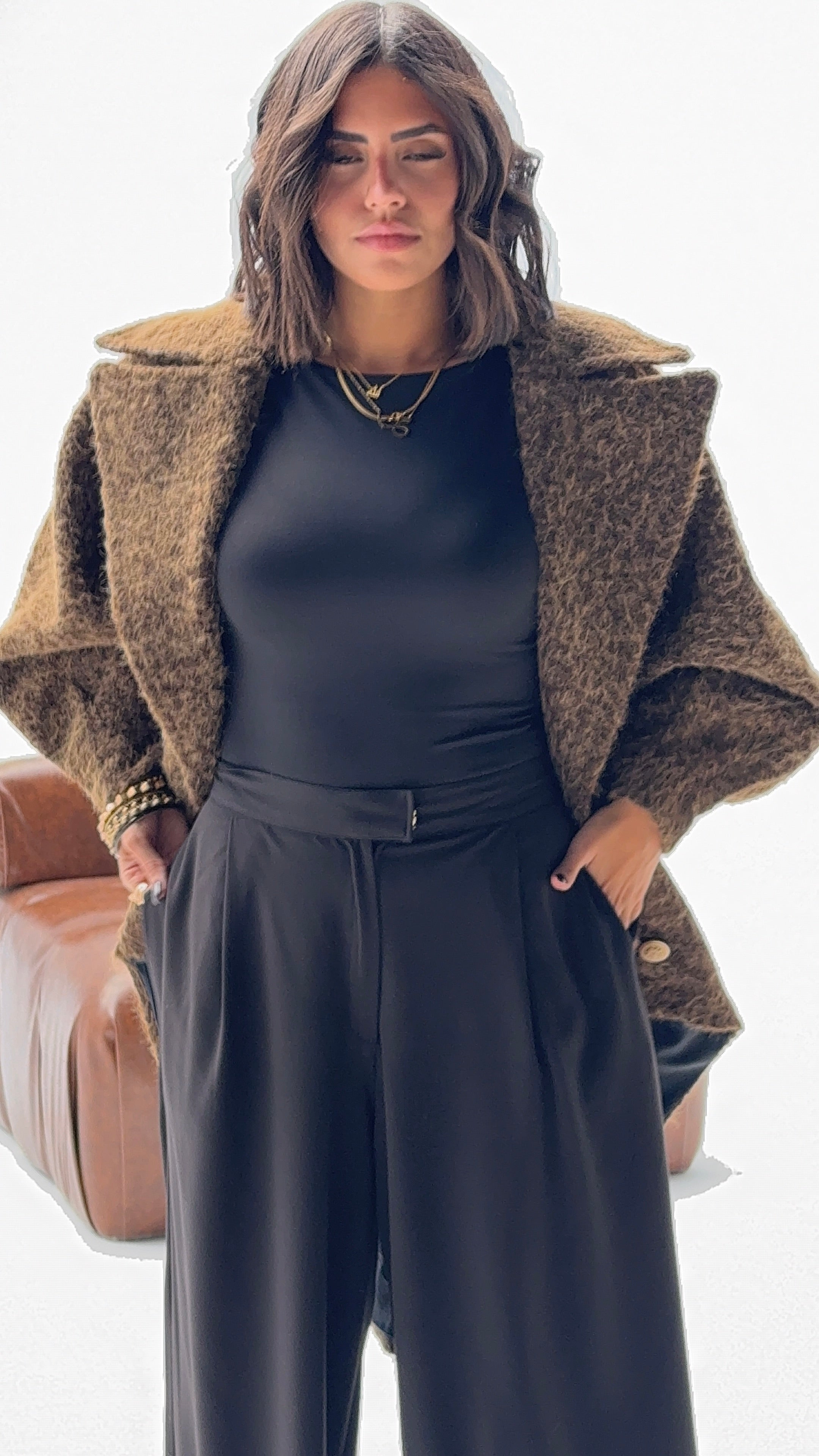 Oversized mohair brown high low jacket