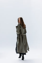Khaki faux leather trench coat