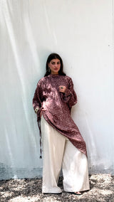 Asymmetrical crushed satin top- brown