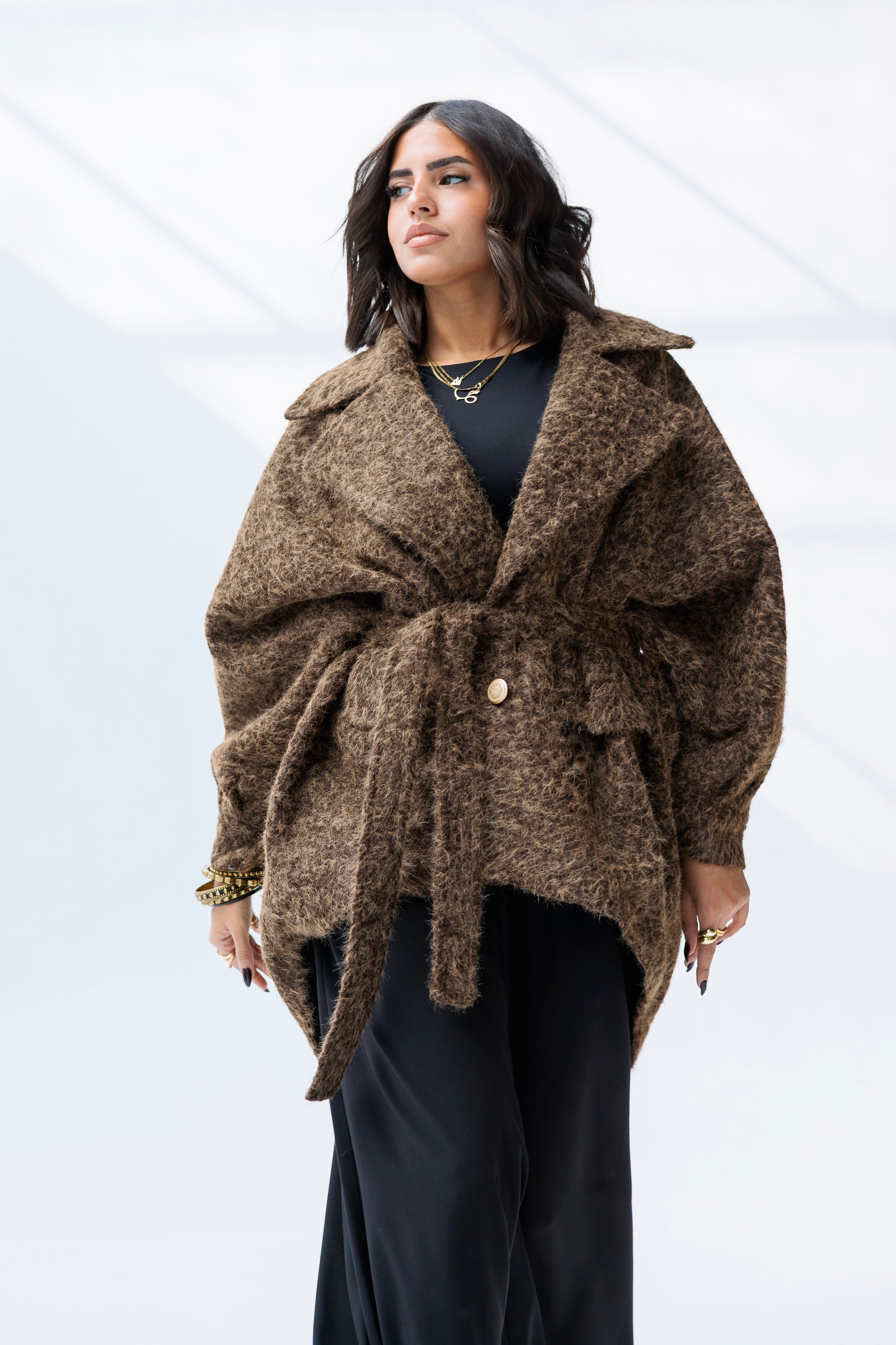 Oversized mohair brown high low jacket