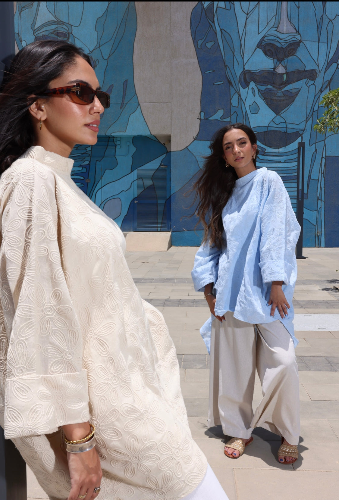 Baby blue stitched cotton poncho
