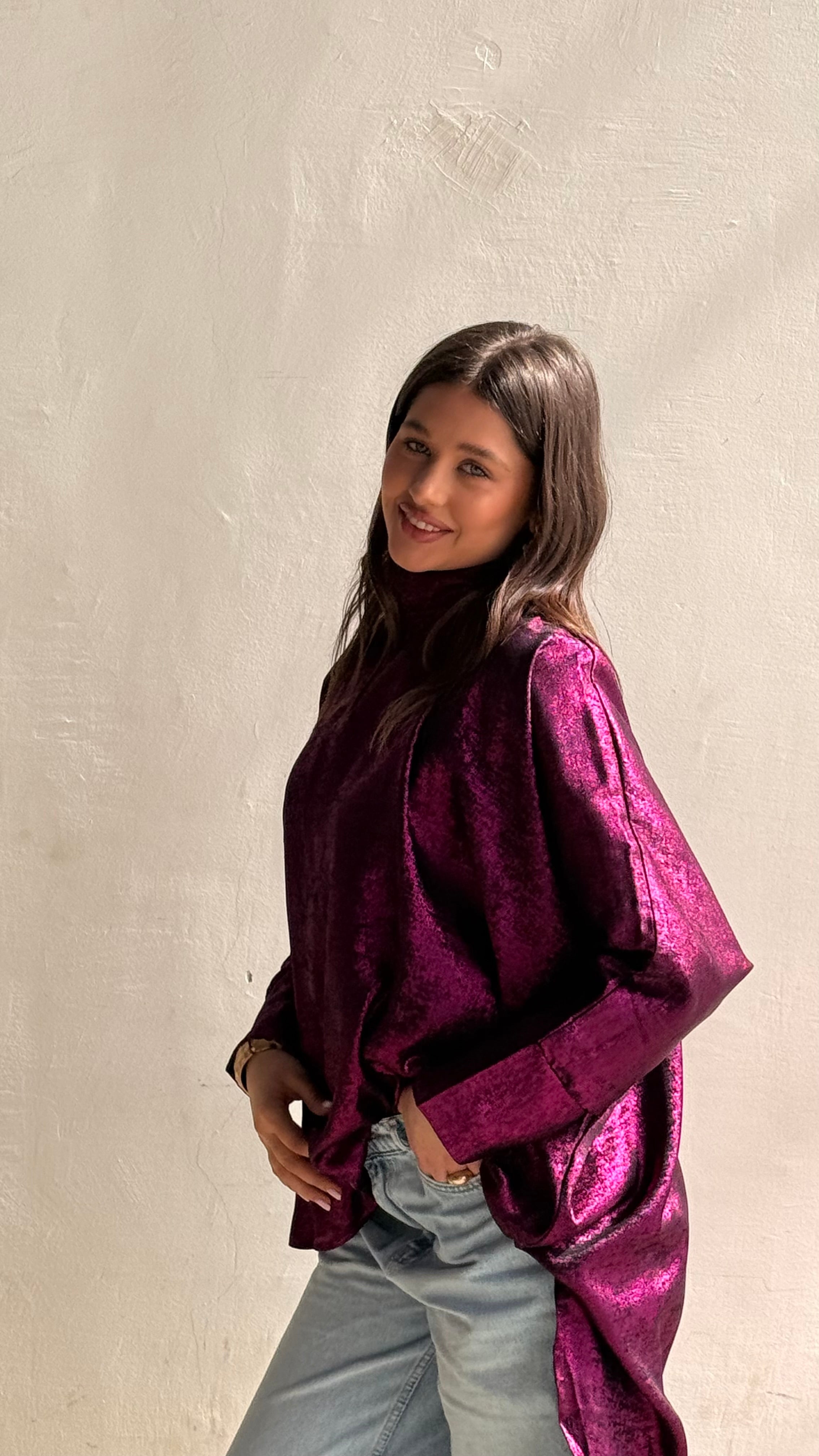 Fuchsia shimmery high low poncho