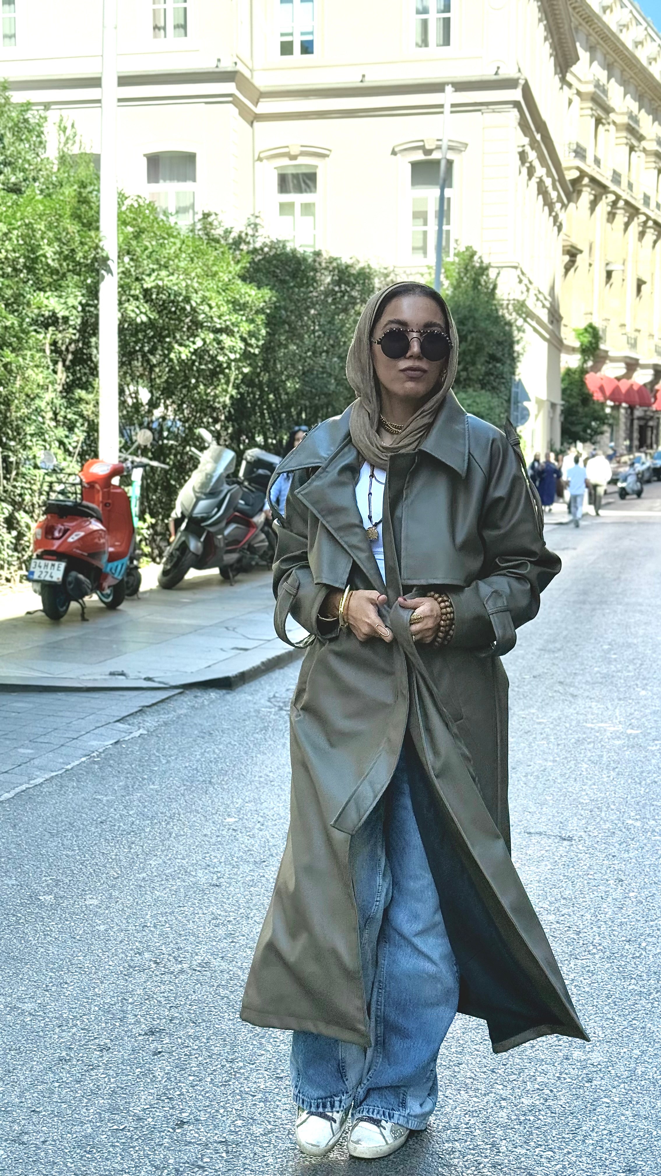 Khaki faux leather trench coat