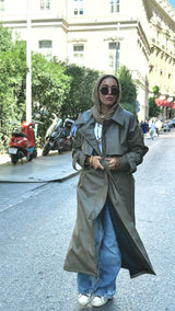 Khaki faux leather trench coat