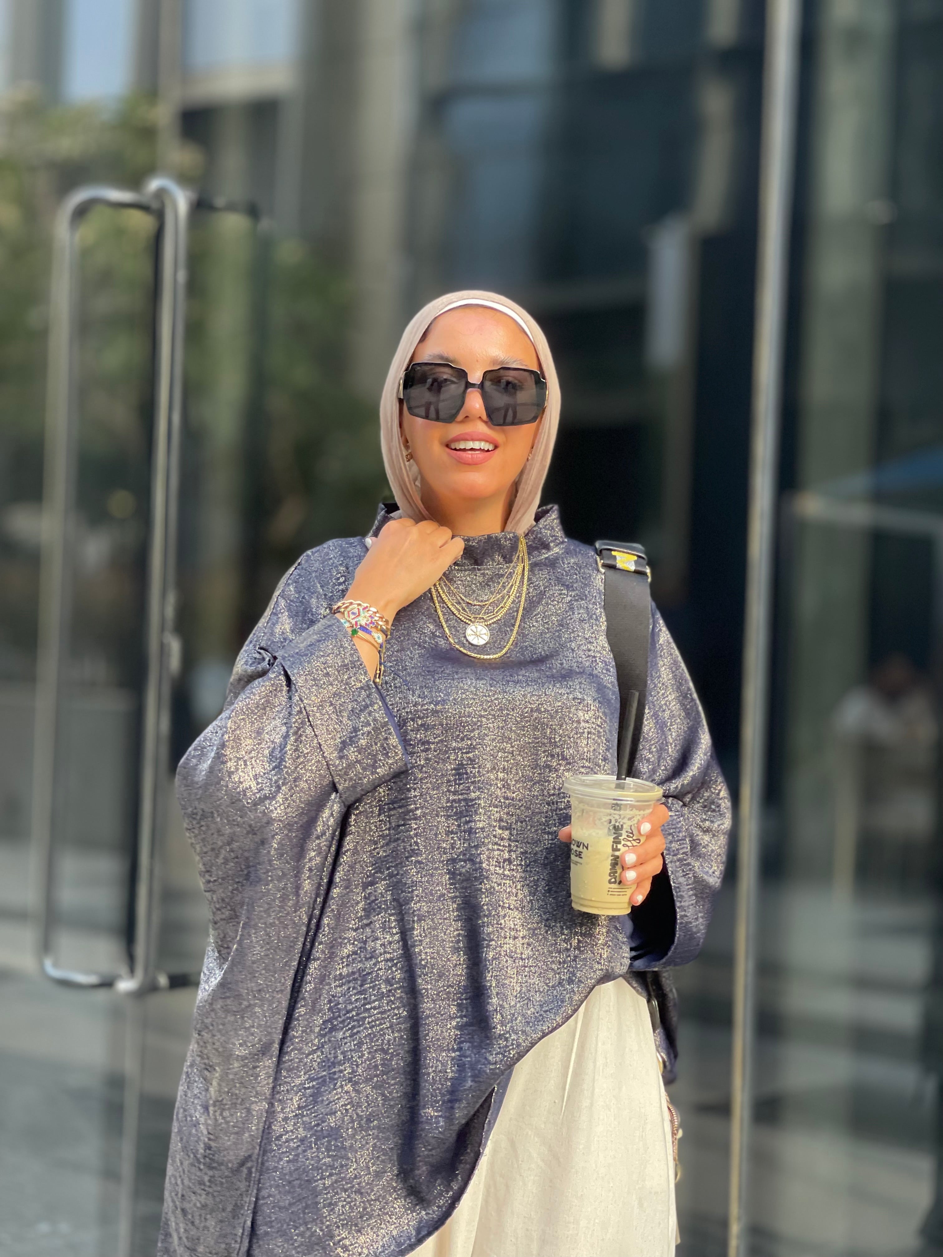Navy blue metallic satin poncho