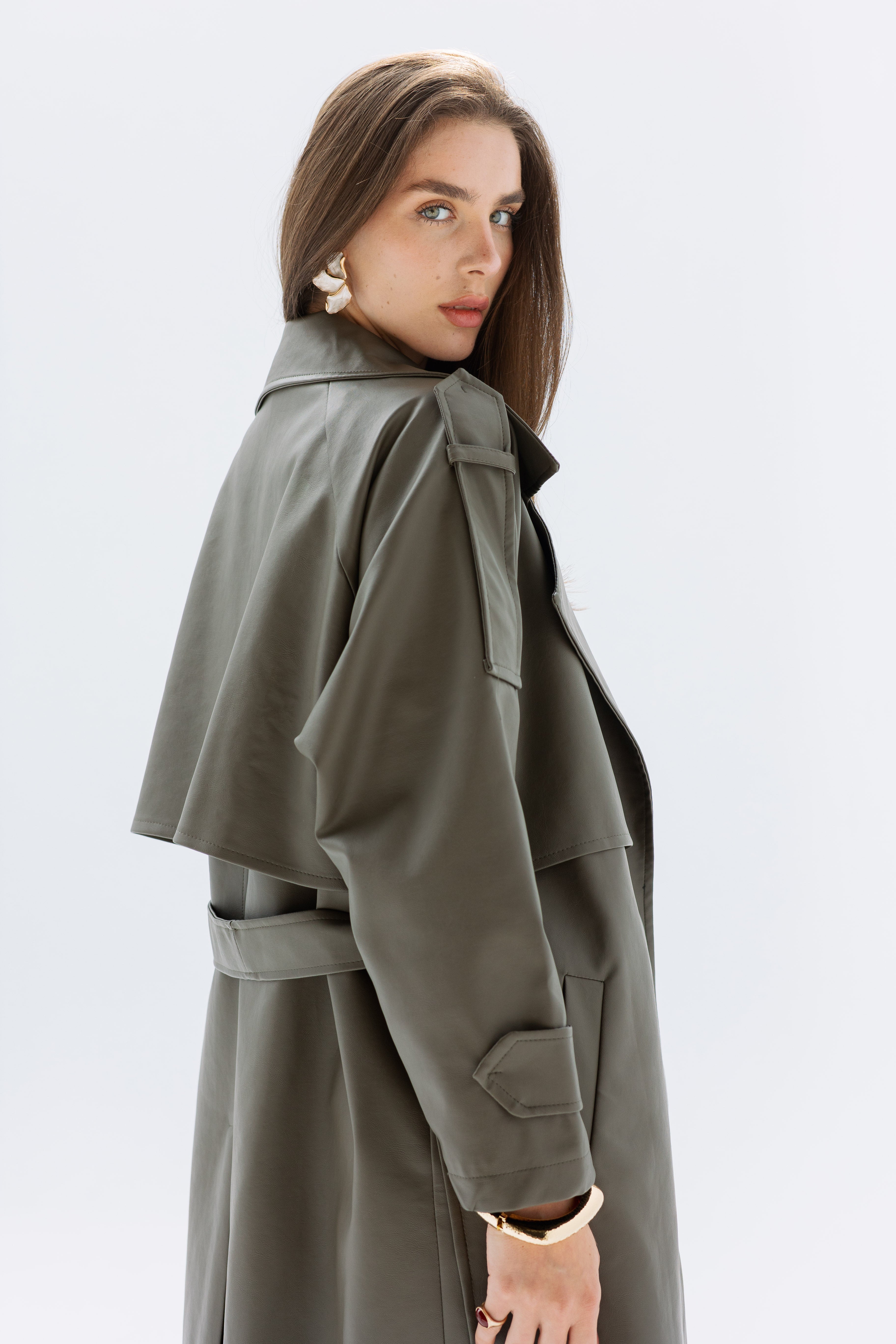 Khaki faux leather trench coat