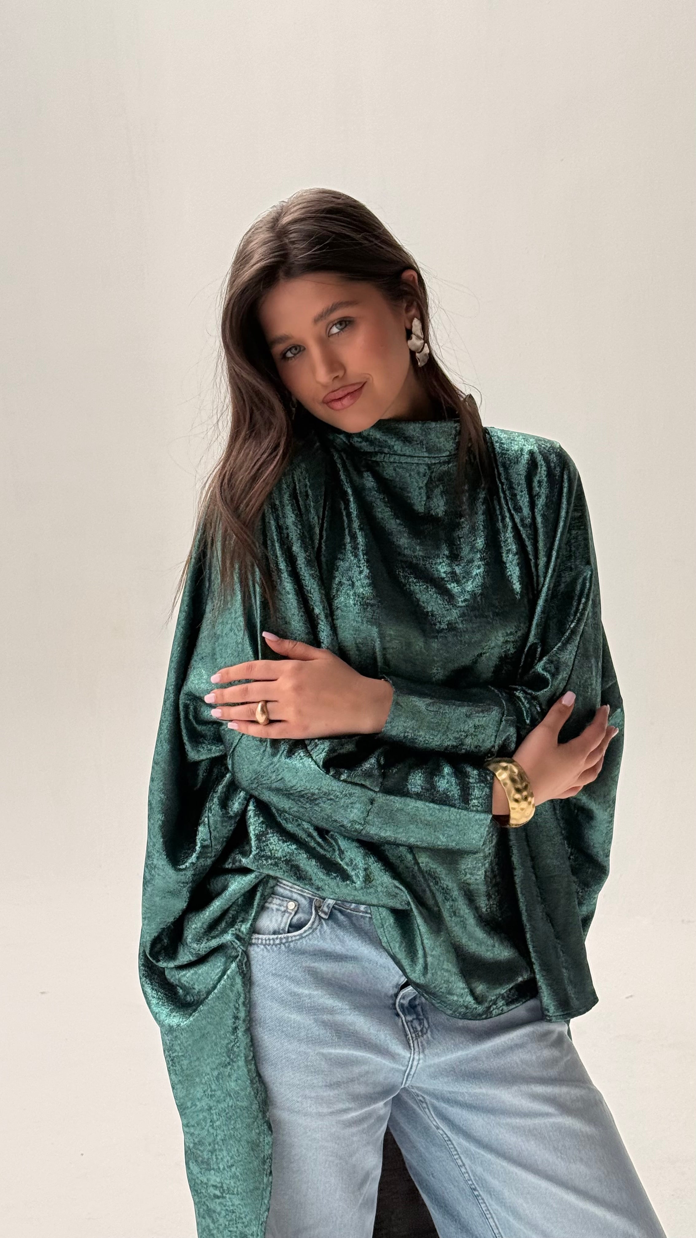 Green shimmery high low poncho