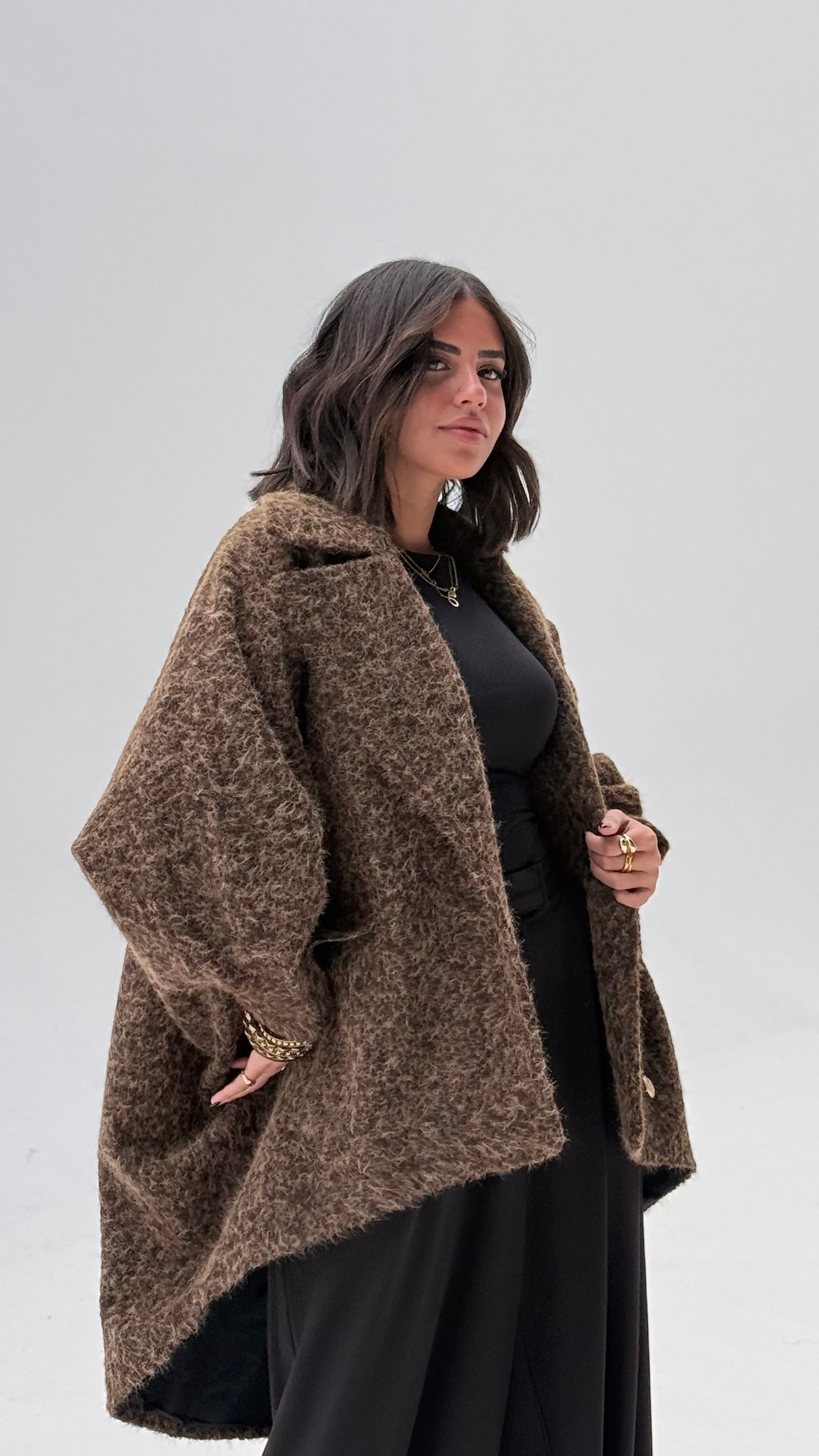 Oversized mohair brown high low jacket