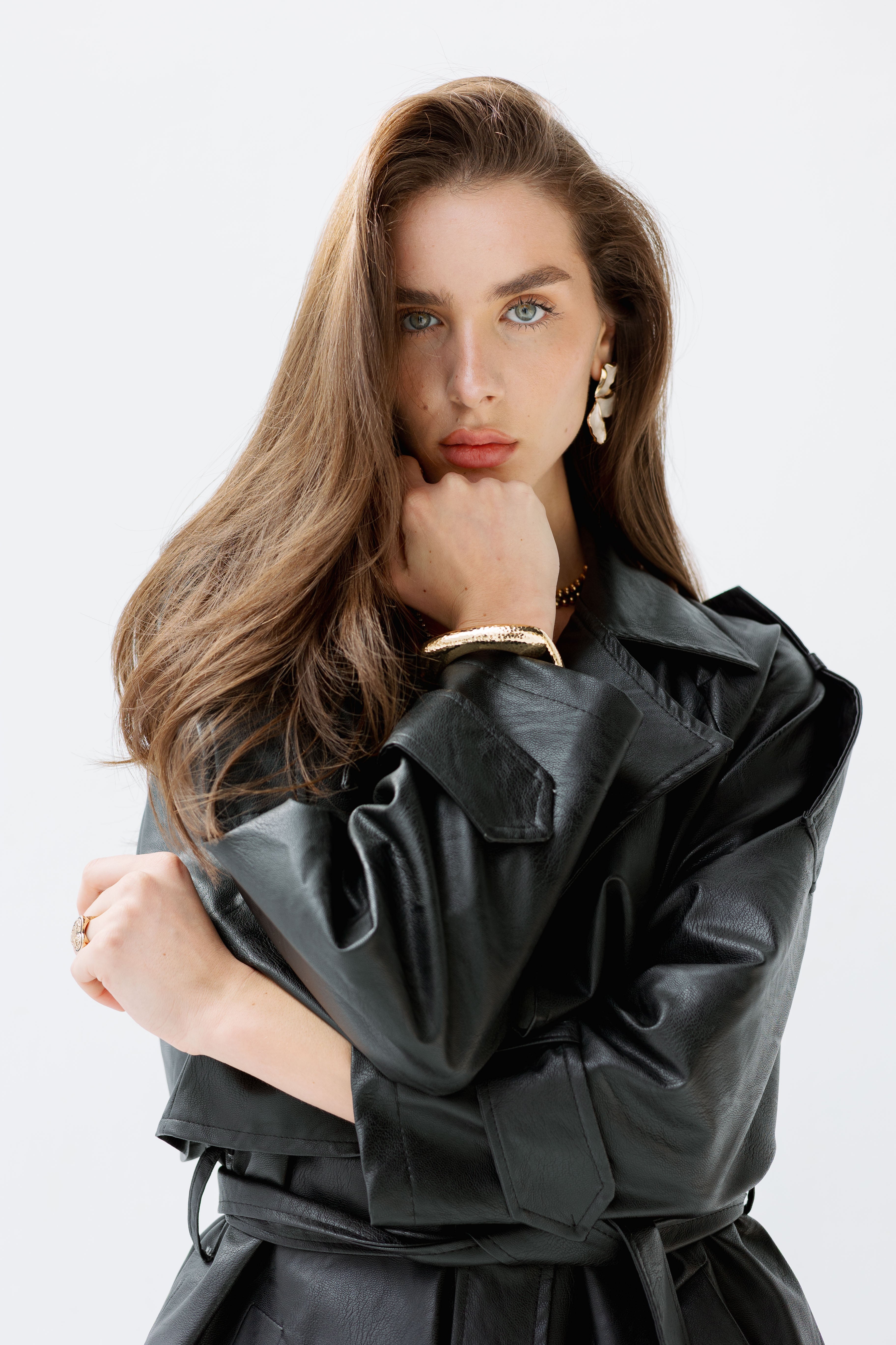 Black faux leather trench coat