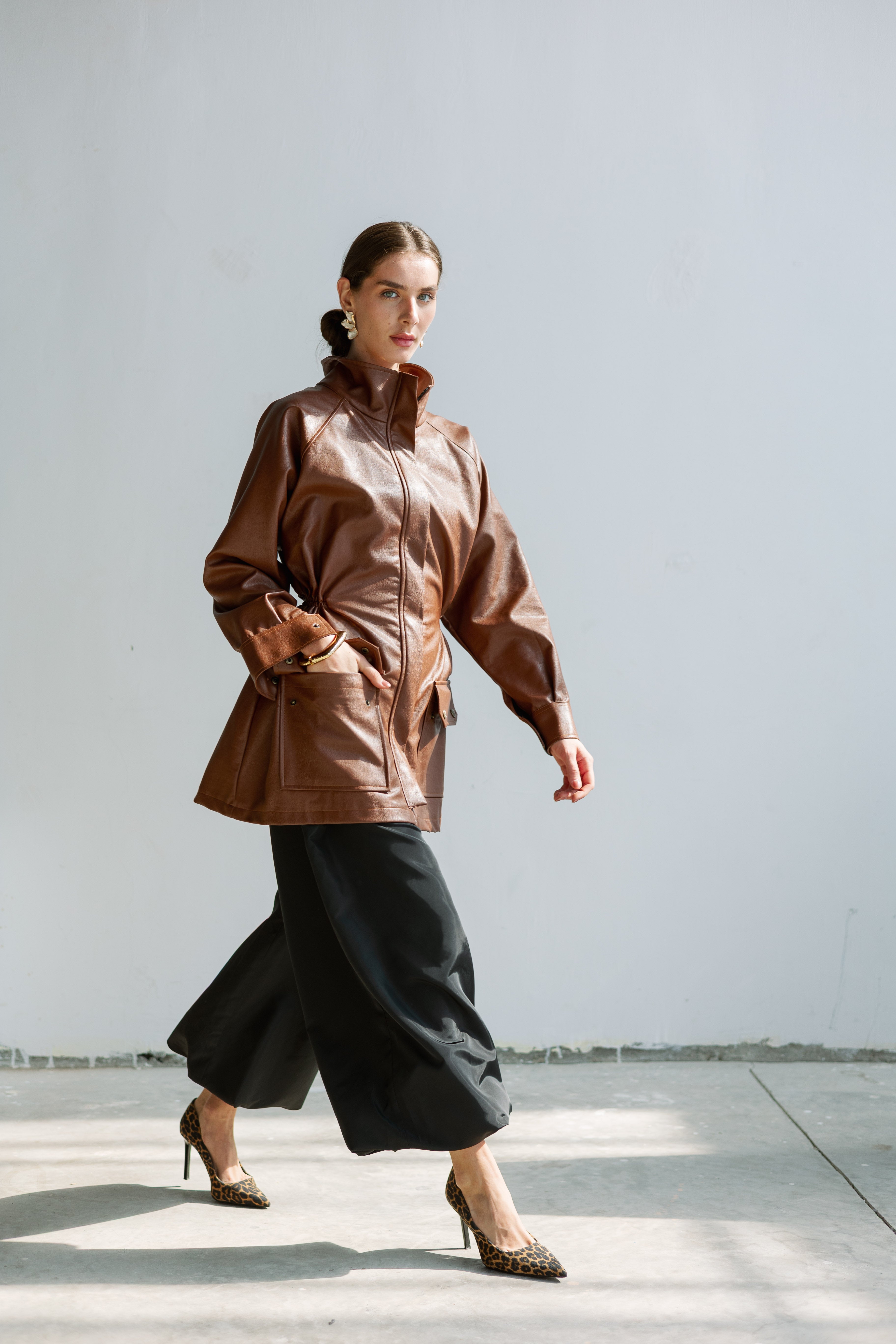 Brown leather safari jacket