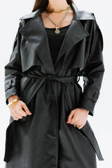 Black faux leather trench coat