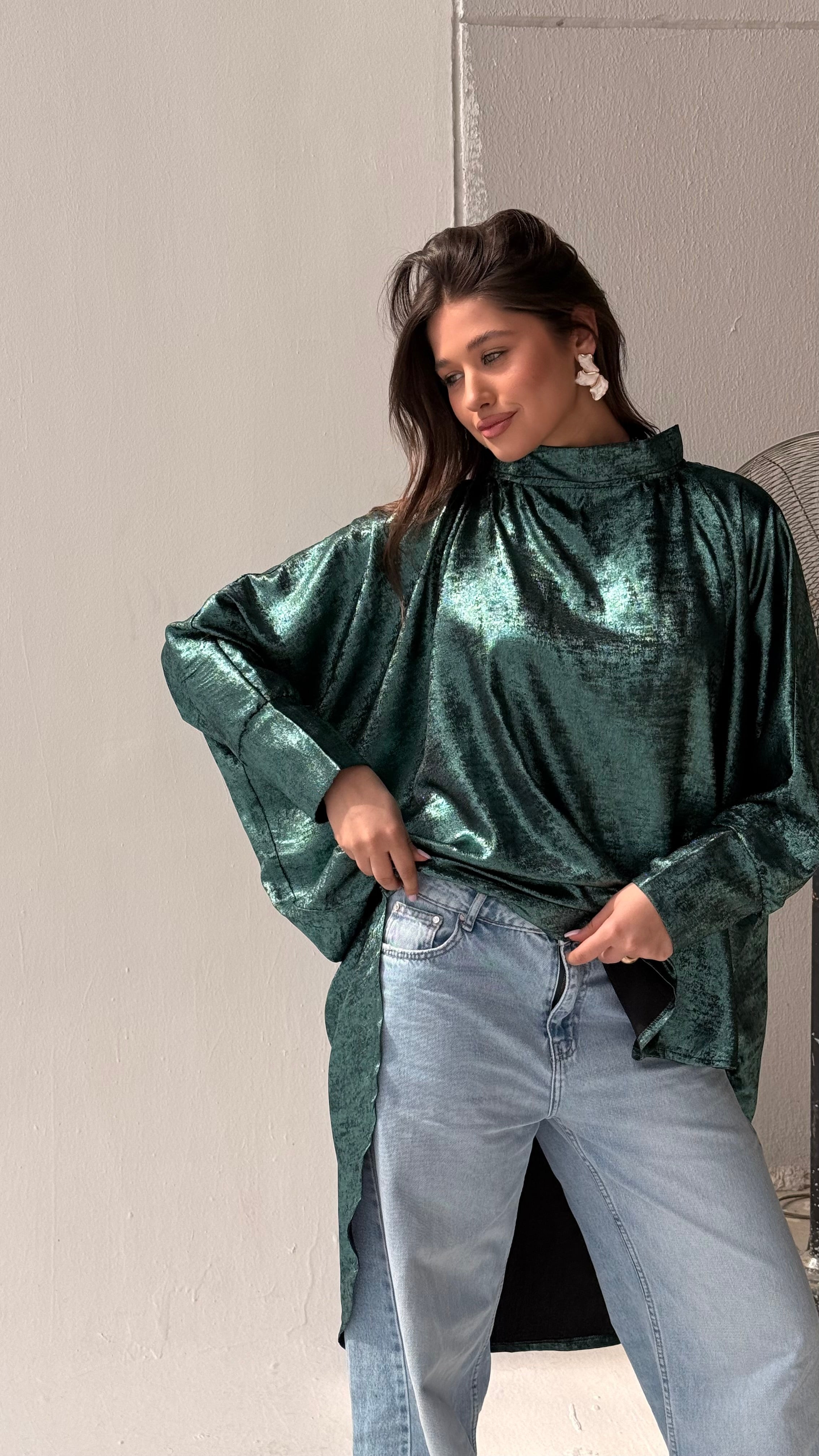 Green shimmery high low poncho