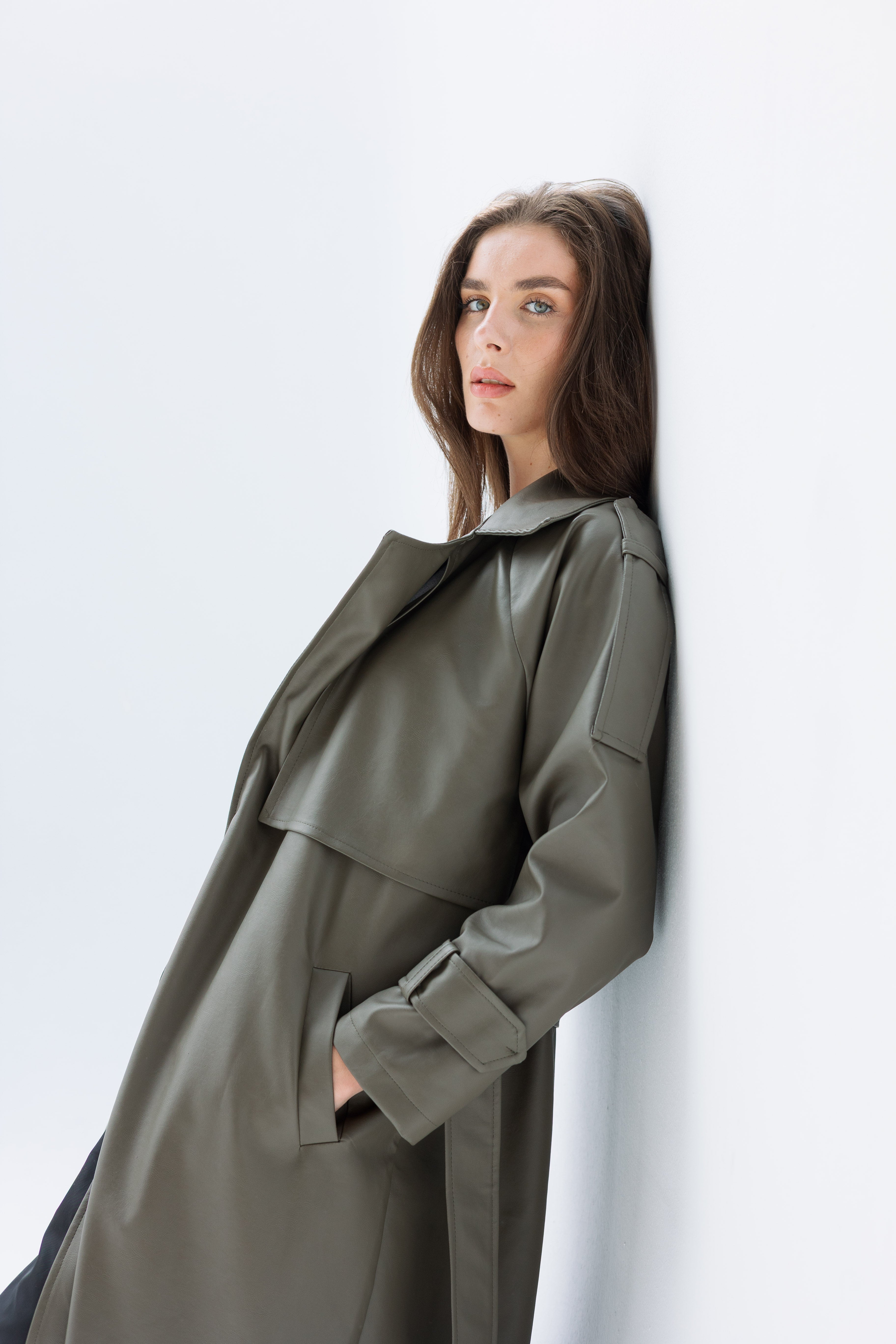 Khaki faux leather trench coat