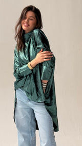 Green shimmery high low poncho