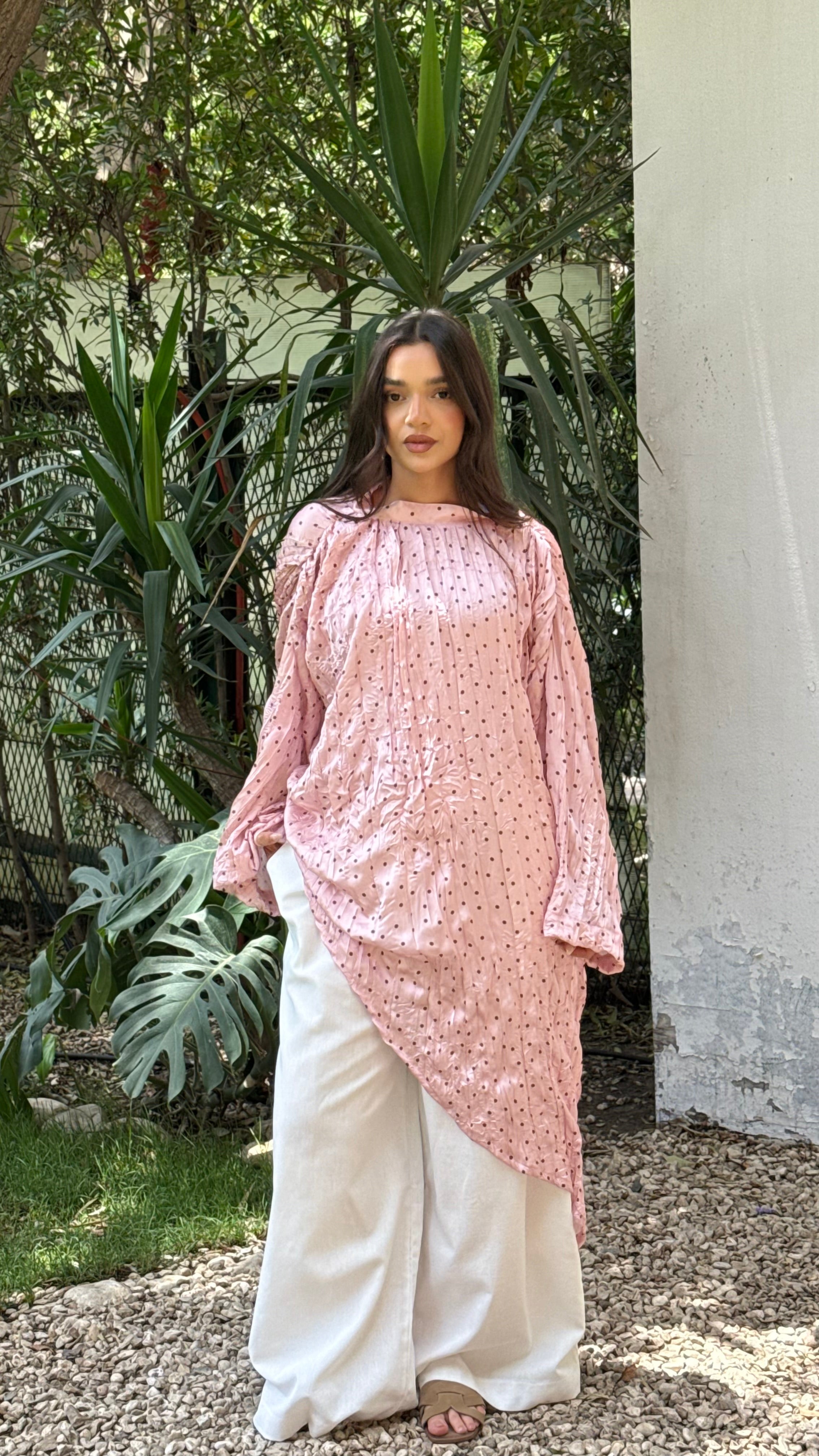 Asymmetrical crushed satin top- pink