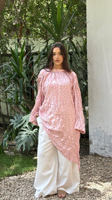 Asymmetrical crushed satin top- pink