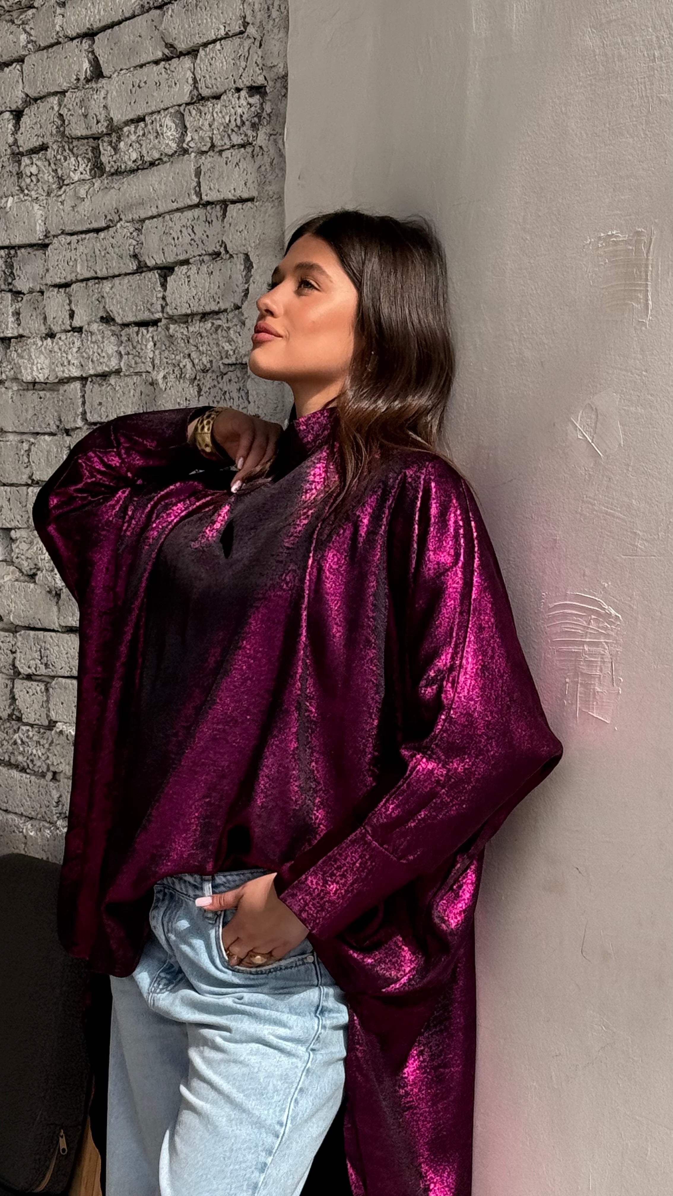 Fuchsia shimmery high low poncho