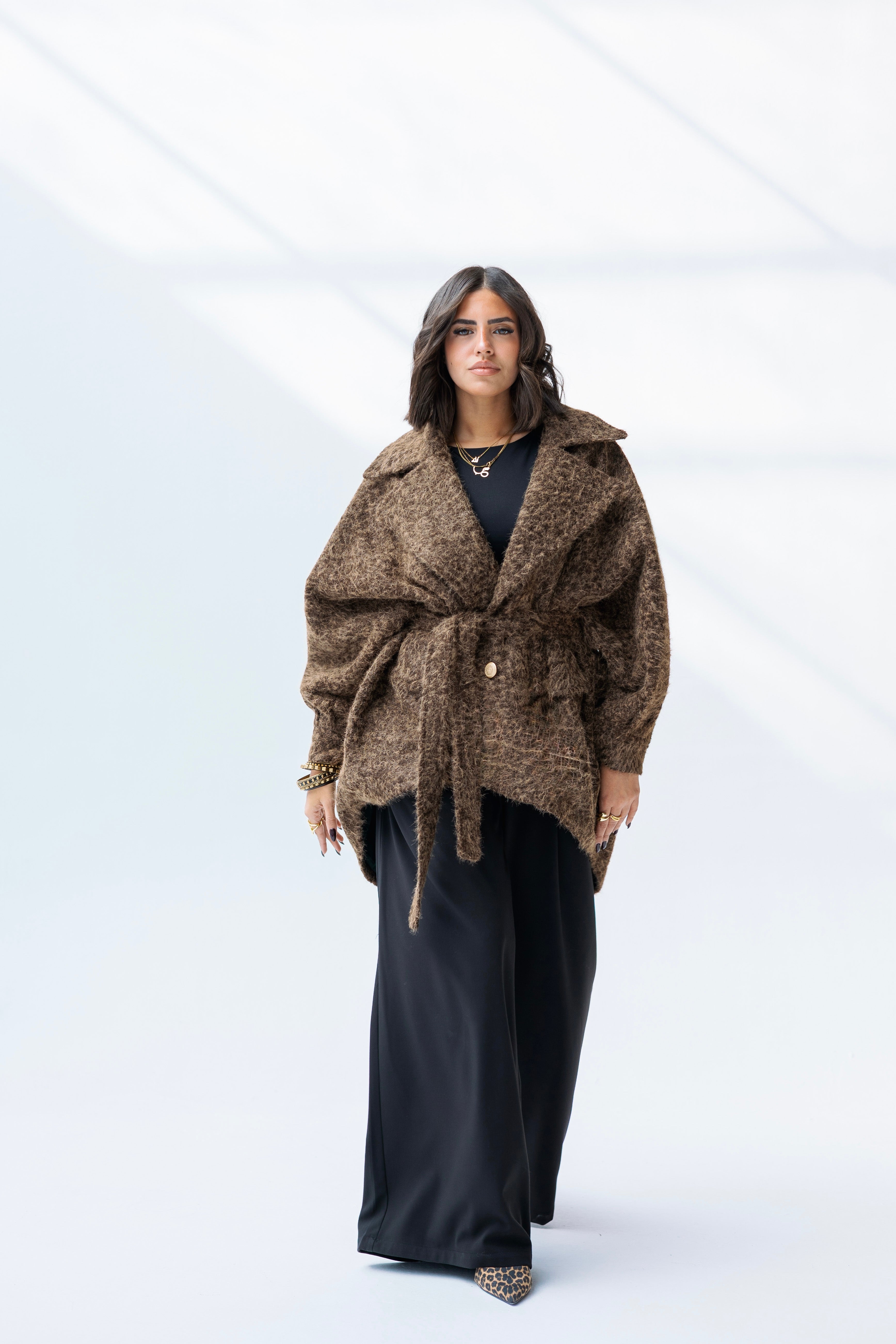 Oversized mohair brown high low jacket