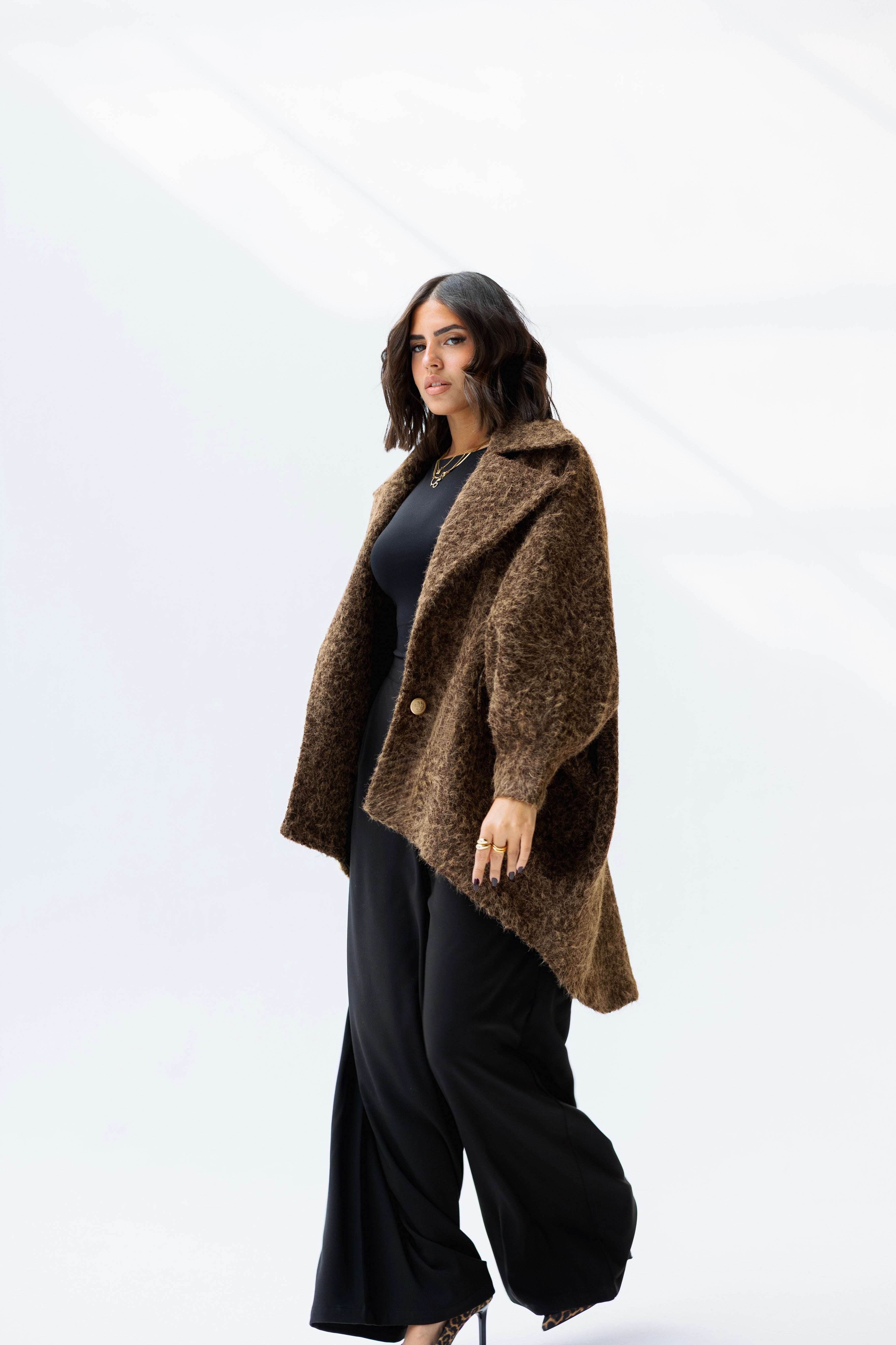 Oversized mohair brown high low jacket